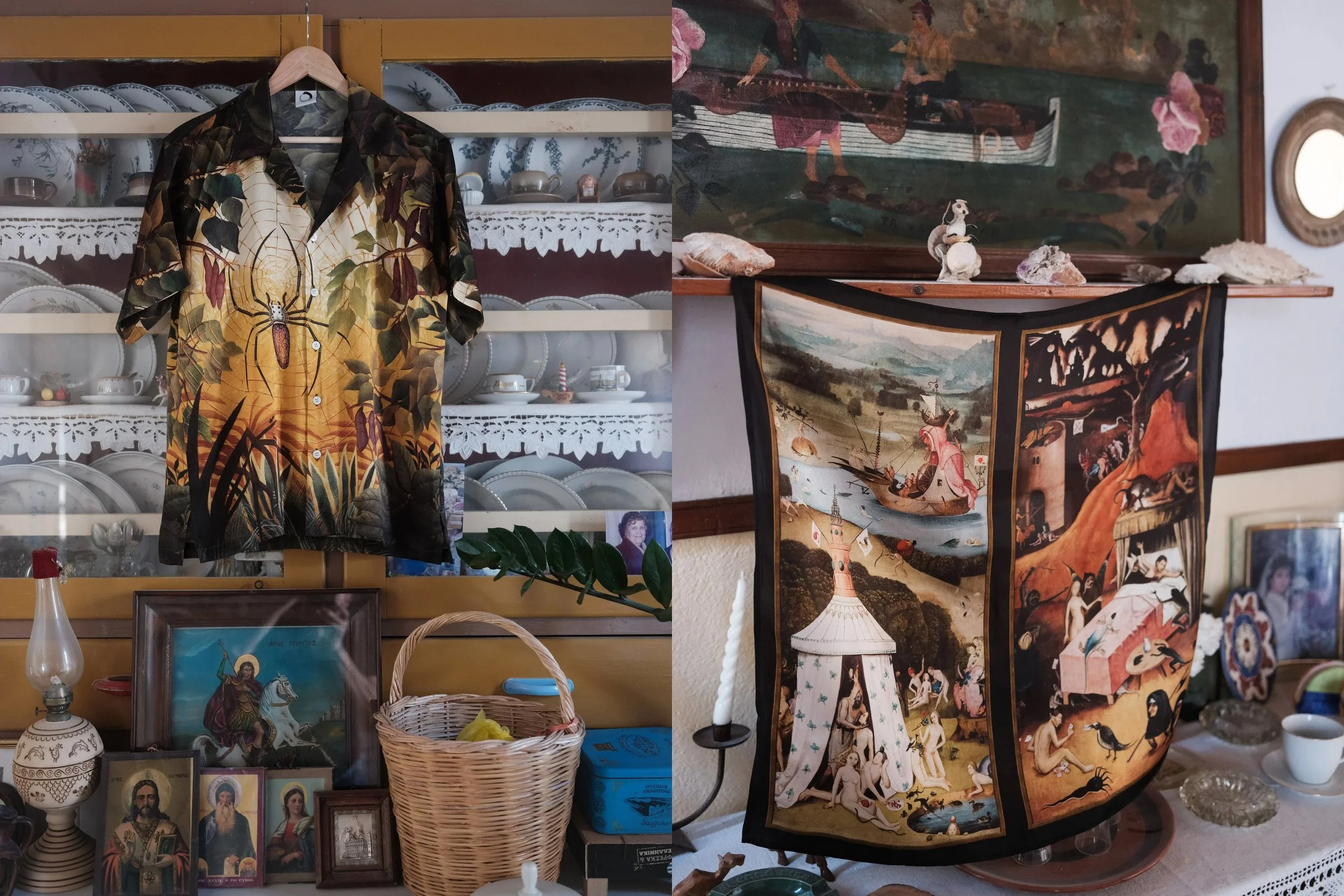 A collection of vintage and religious items, including a tropical patterned shirt with a spider and web design hanging on a shelf, and a series of religious icons and paintings, some of which depict biblical scenes and saints, surrounded by various d