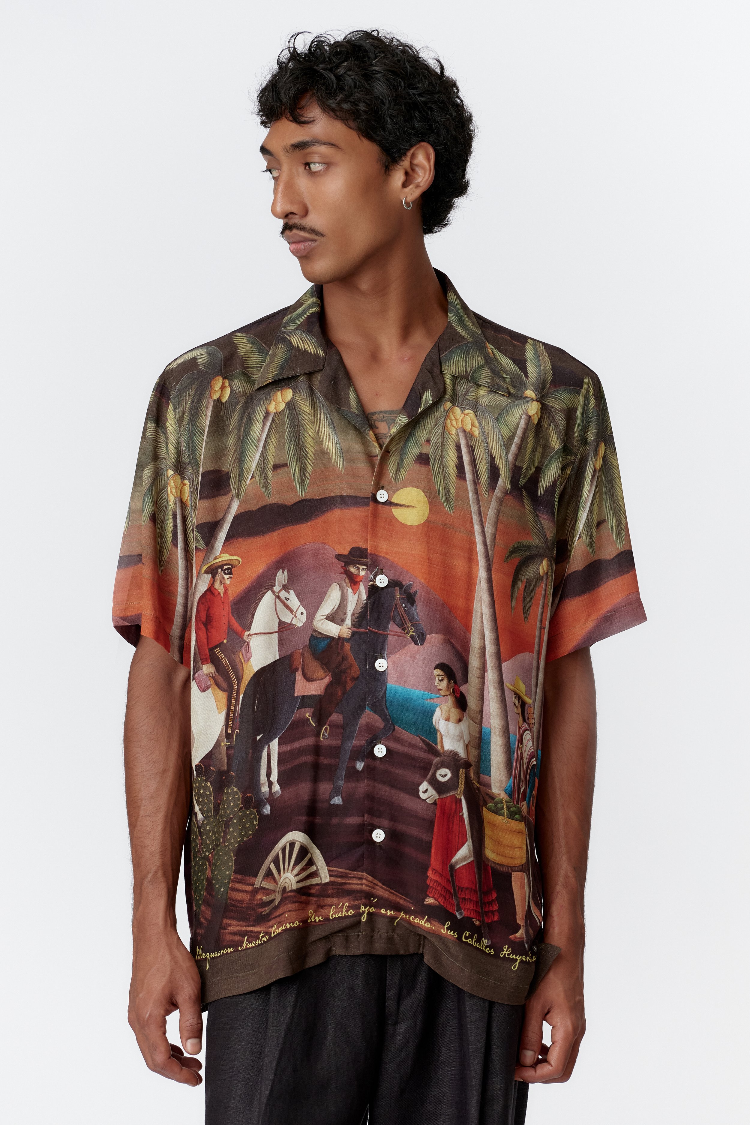 Bandito on model wearing silk rayon fabric artwork