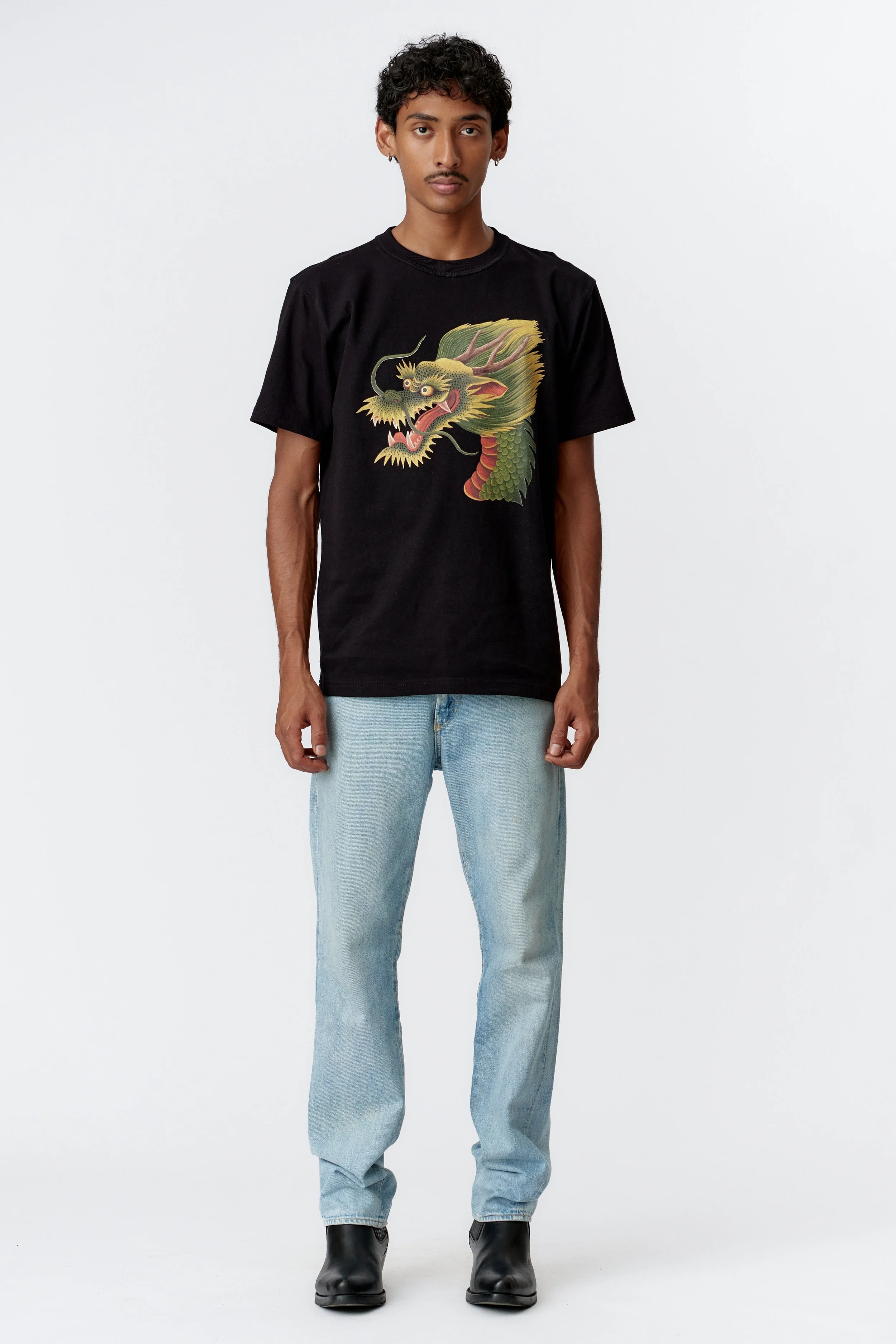 Full view Monkey Dragon Black Front and Back print t-shirt with Japanese Kanji