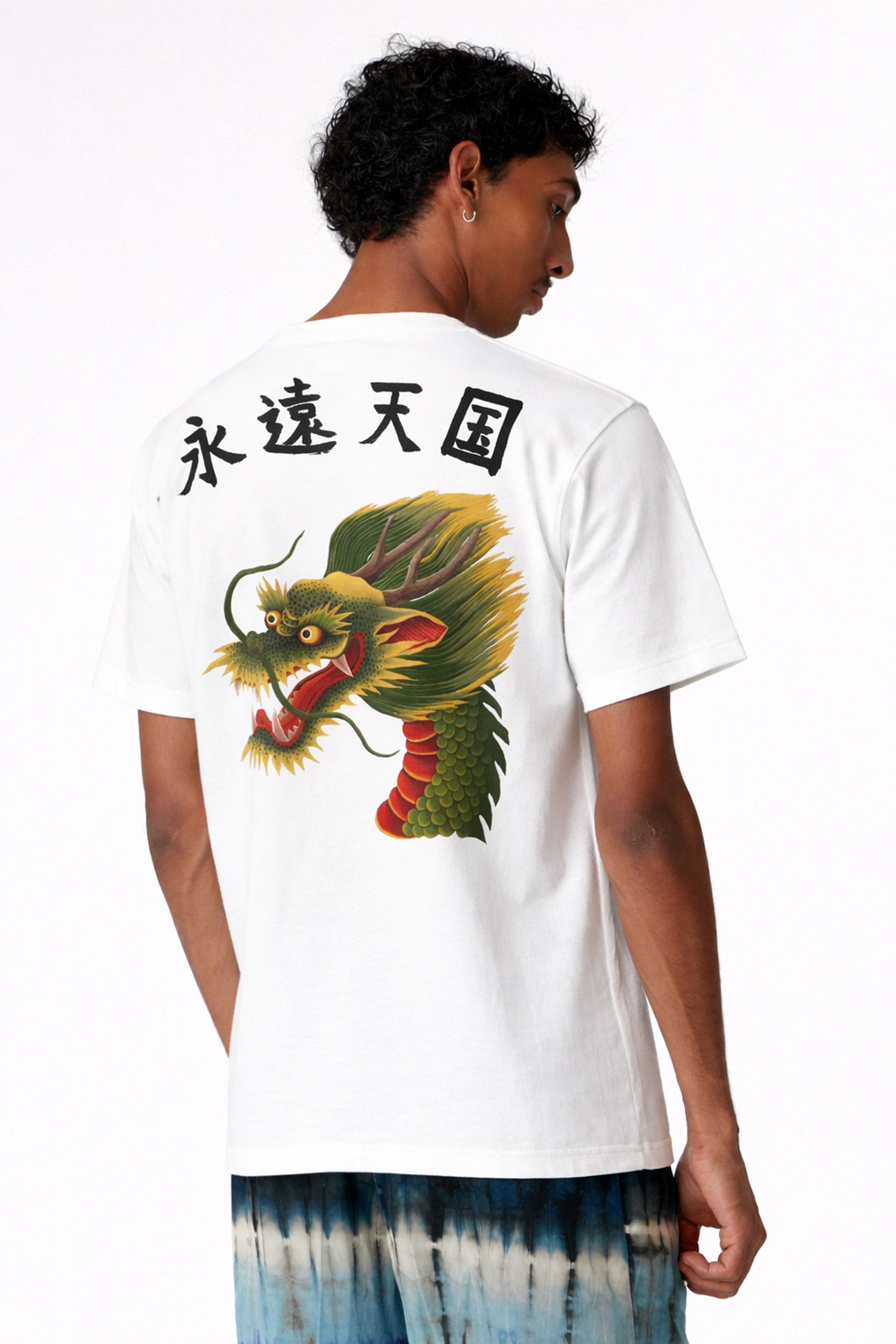 Close-up of Monkey Dragon print heavyweight organic cotton T-shirt, highlighting fabric weight and printed kanji detail