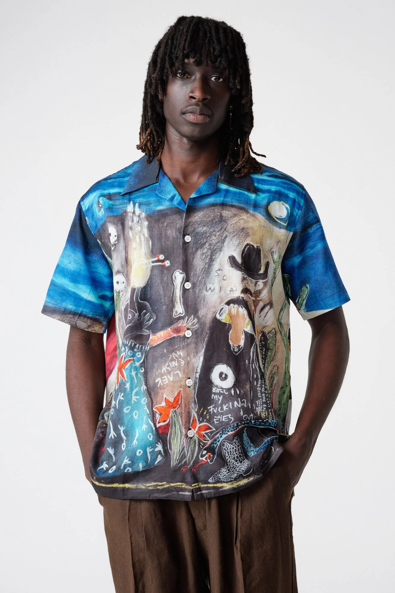 endless-joy-above-snakes-printed-silk-cotton-short-sleeve-shirt-front-close-up