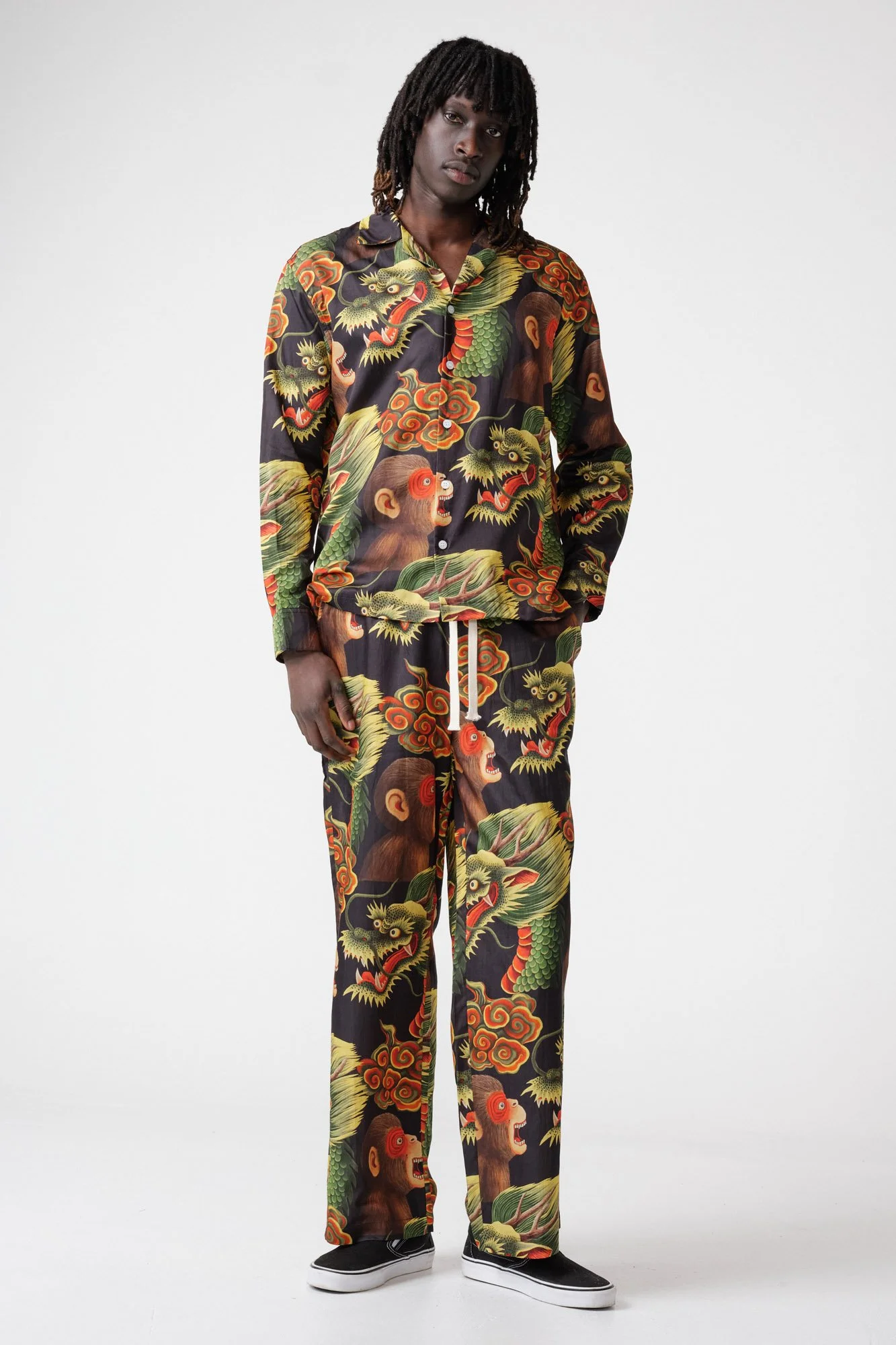 endless-joy-printed-monkey-dragon-black-silk-cotton-pyjama-set-front-pockets