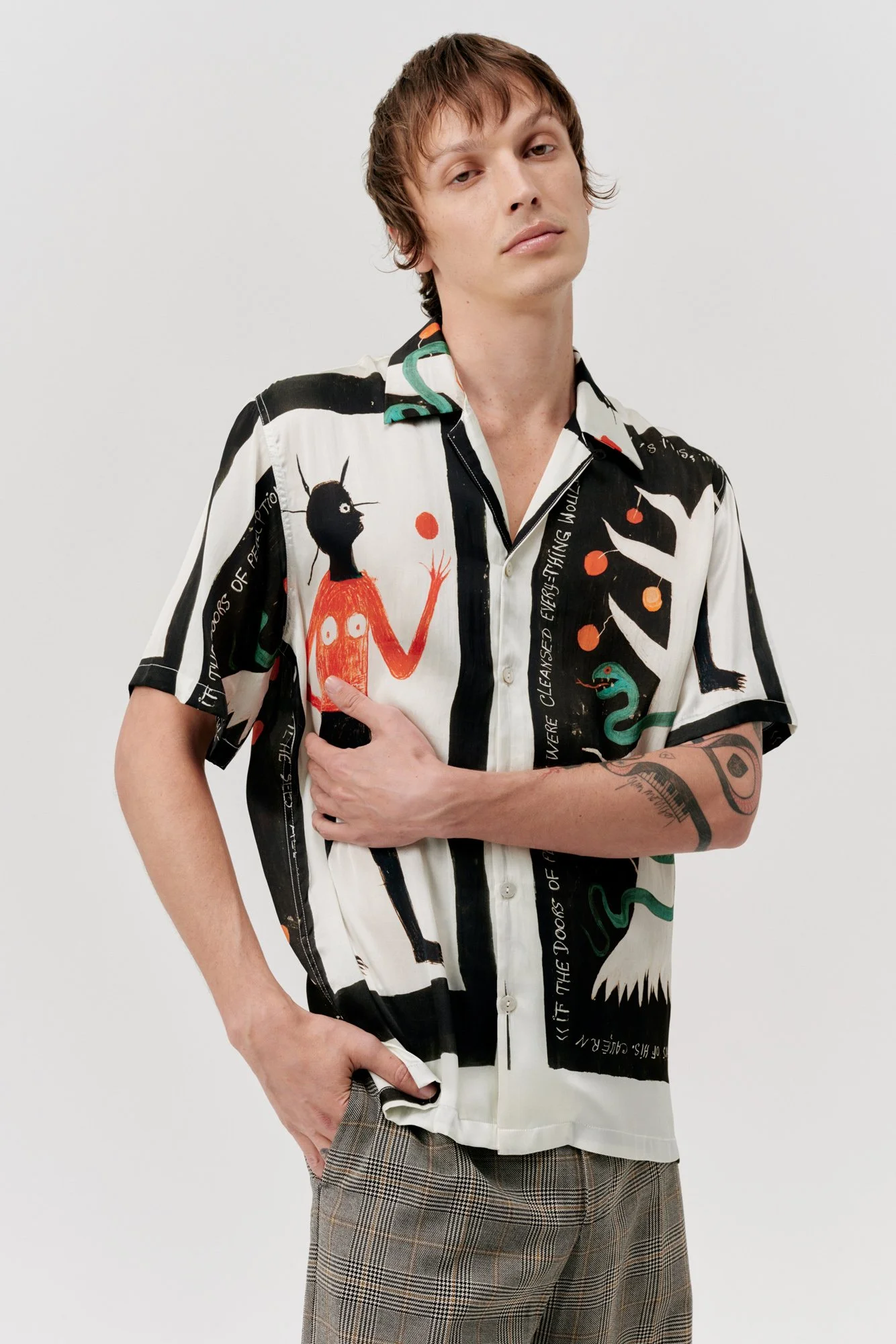 endless-joy-gnosis-printed-silk-satin-short-sleeve-shirt-front-model-relaxed