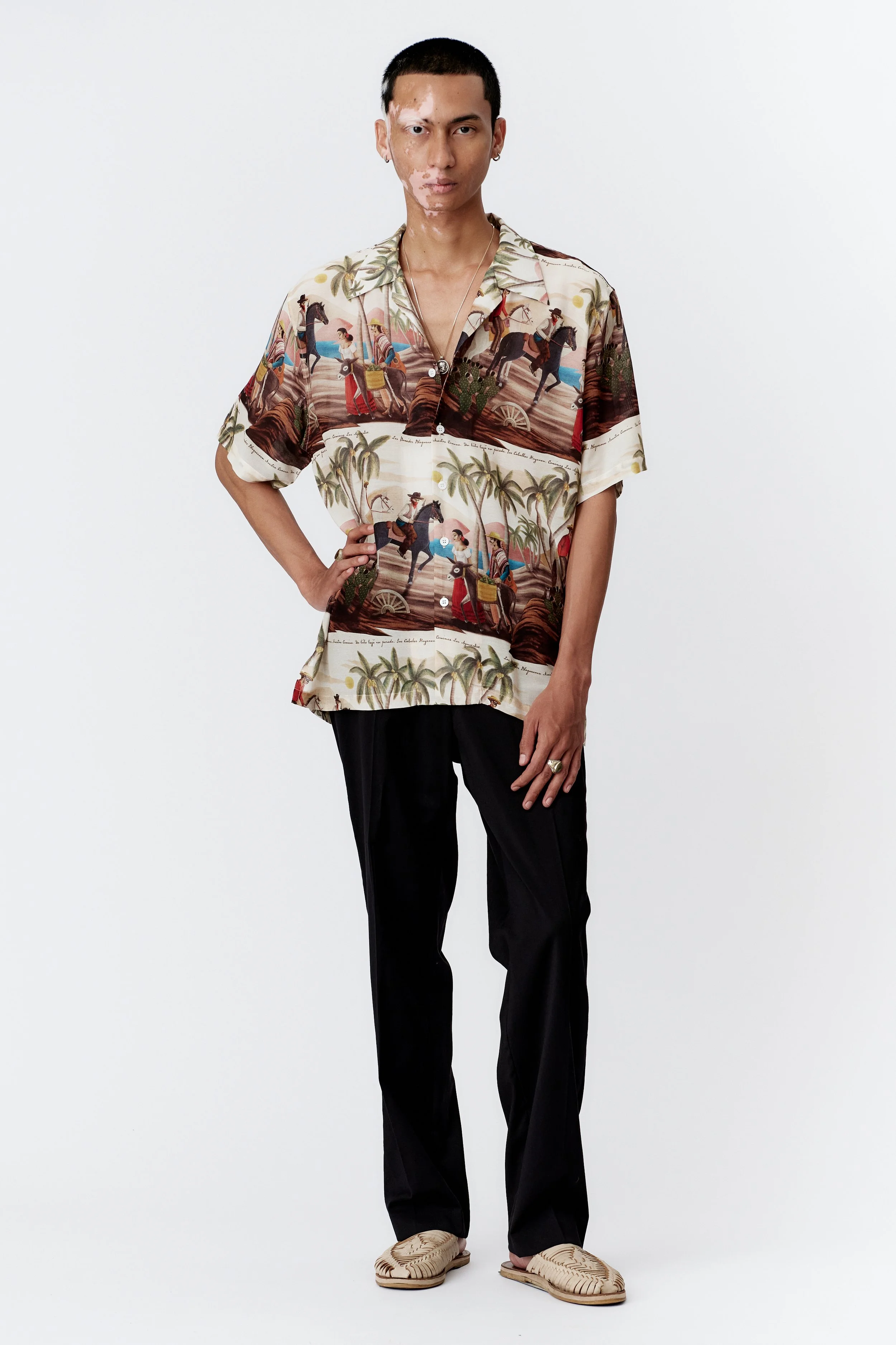 BANDITO REPEAT OFF WHITE RAYON SILK SHORT SLEEVE SHIRT