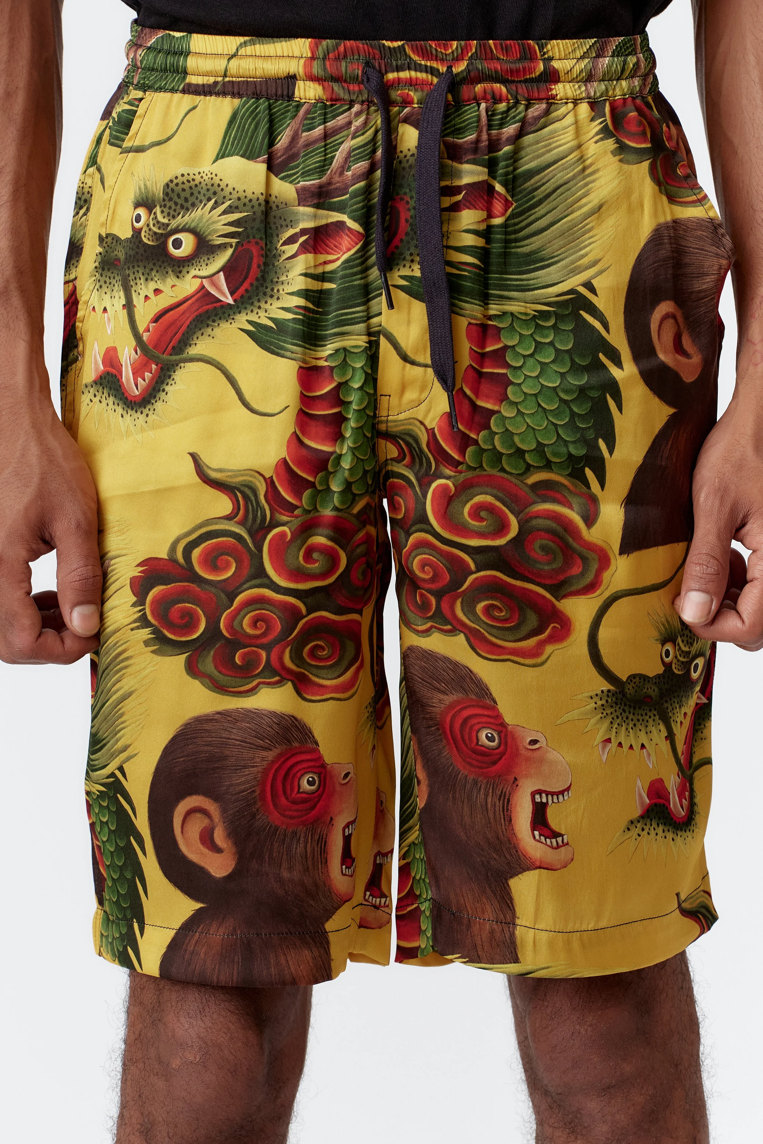 Monkey Dragon Yellow Silk Board Shorts Fabric Detail