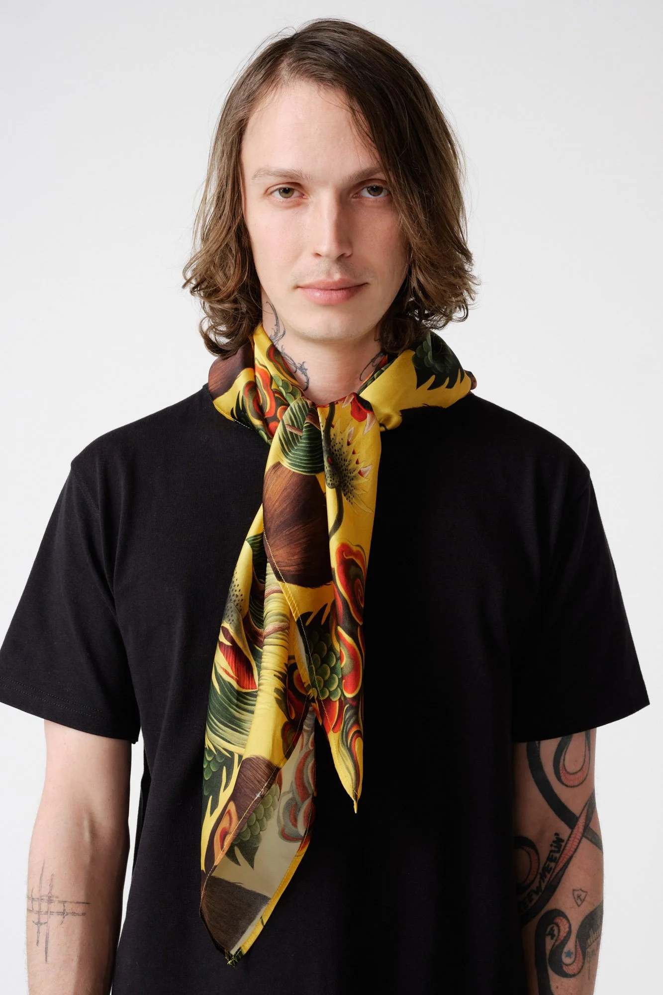 endless-joy-monkey-dragon-yellow-printed-silk-satin-scarf-worn-by-model