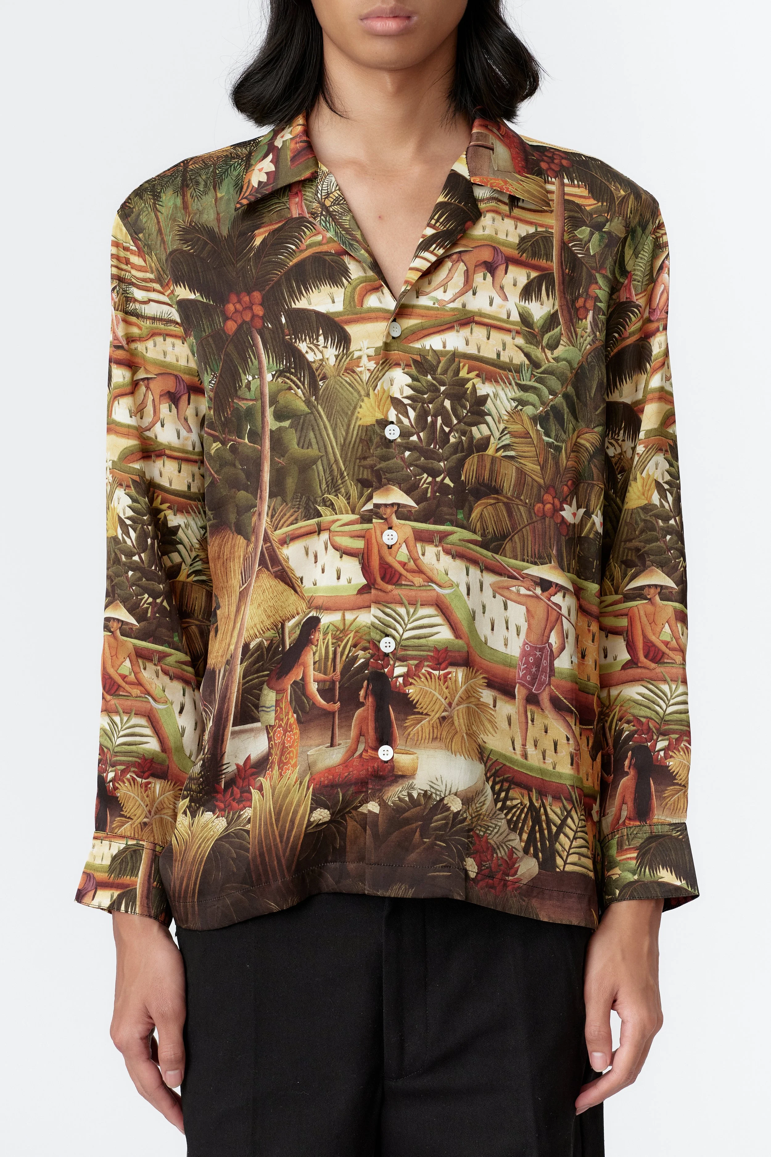 Close-up of Bali-inspired Subak rice field illustration with farmers, water buffalo, and lush foliage on silk satin fabric.