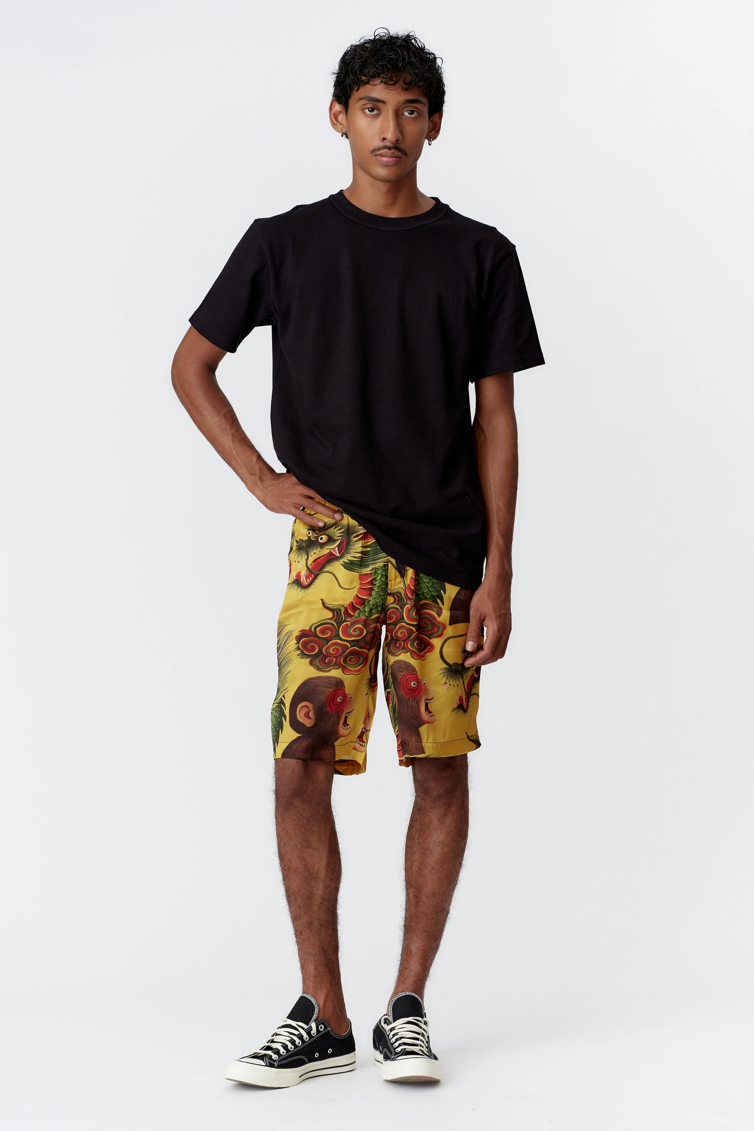 Full front view of Tiger black heavyweight organic cotton T-shirt with relaxed silhouette