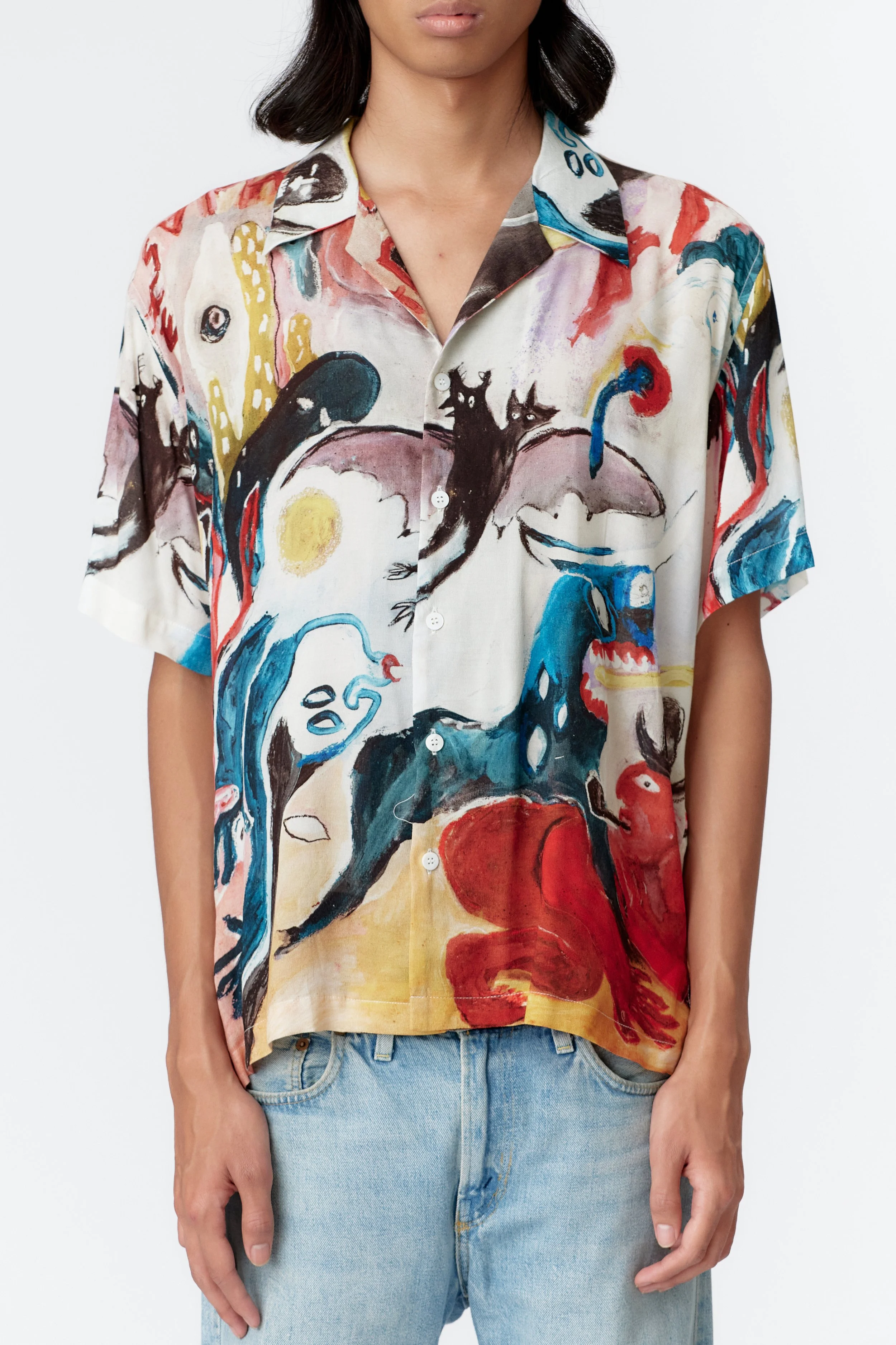 Detail of luxurious 55% viscose, 45% crepe rayon fabric with mother-of-pearl buttons on MAD AS HELL shirt