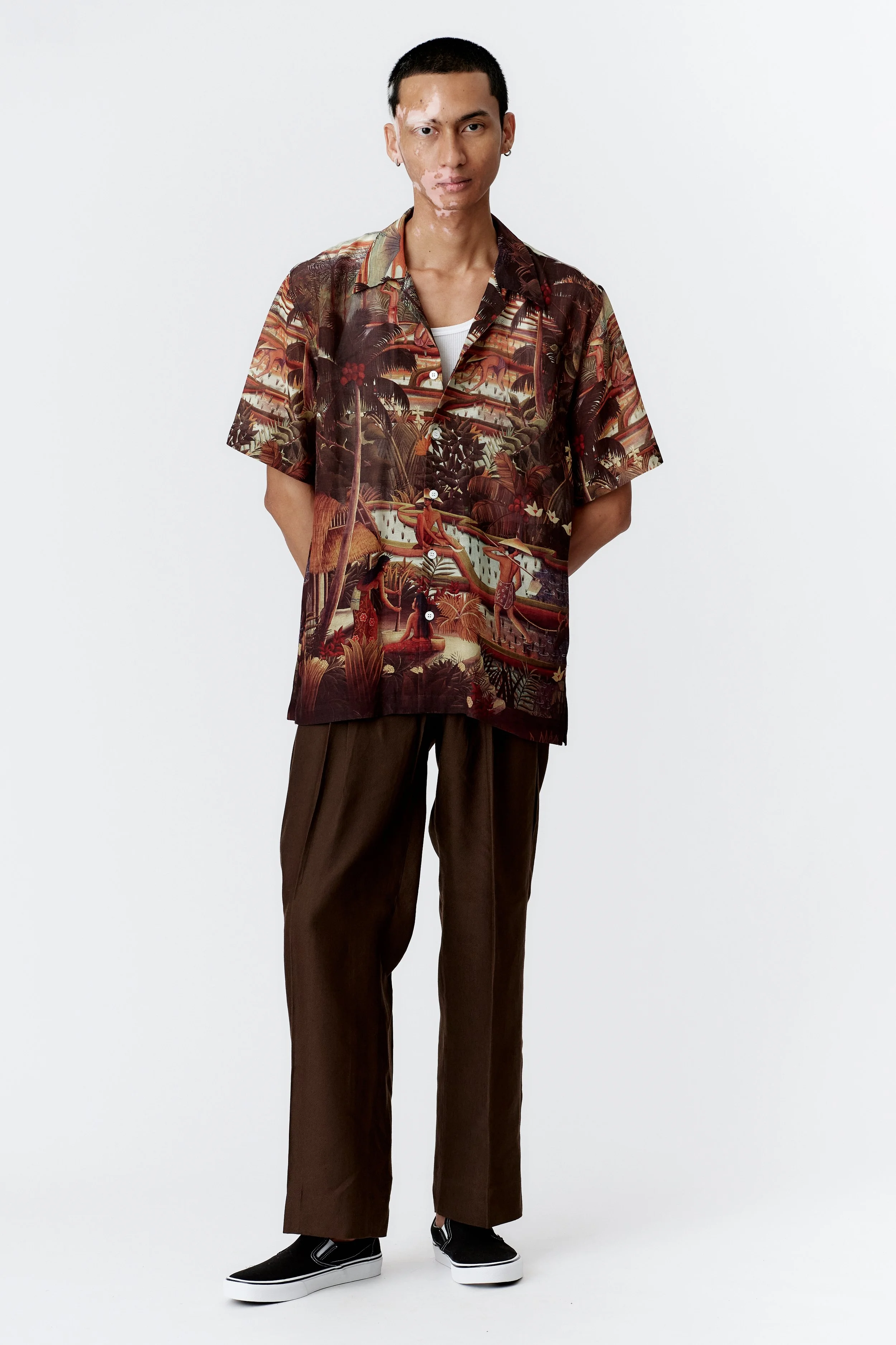 SUBAK BROWN SILK RAYON SHORT SLEEVE SHIRT