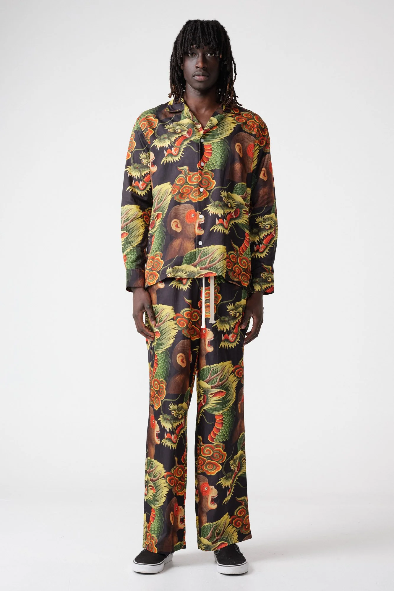 endless-joy-printed-monkey-dragon-black-silk-cotton-pyjama-set-front