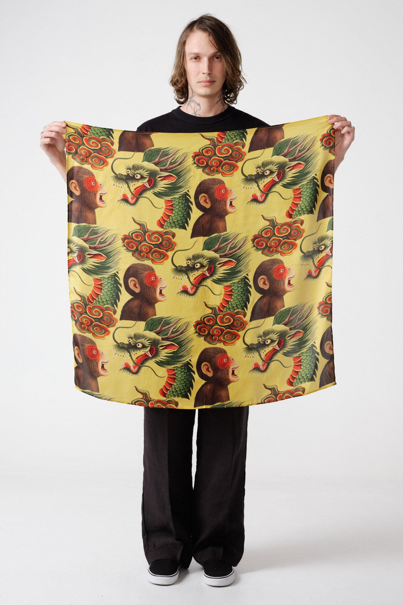 endless-joy-monkey-dragon-yellow-printed-silk-satin-scarf-front