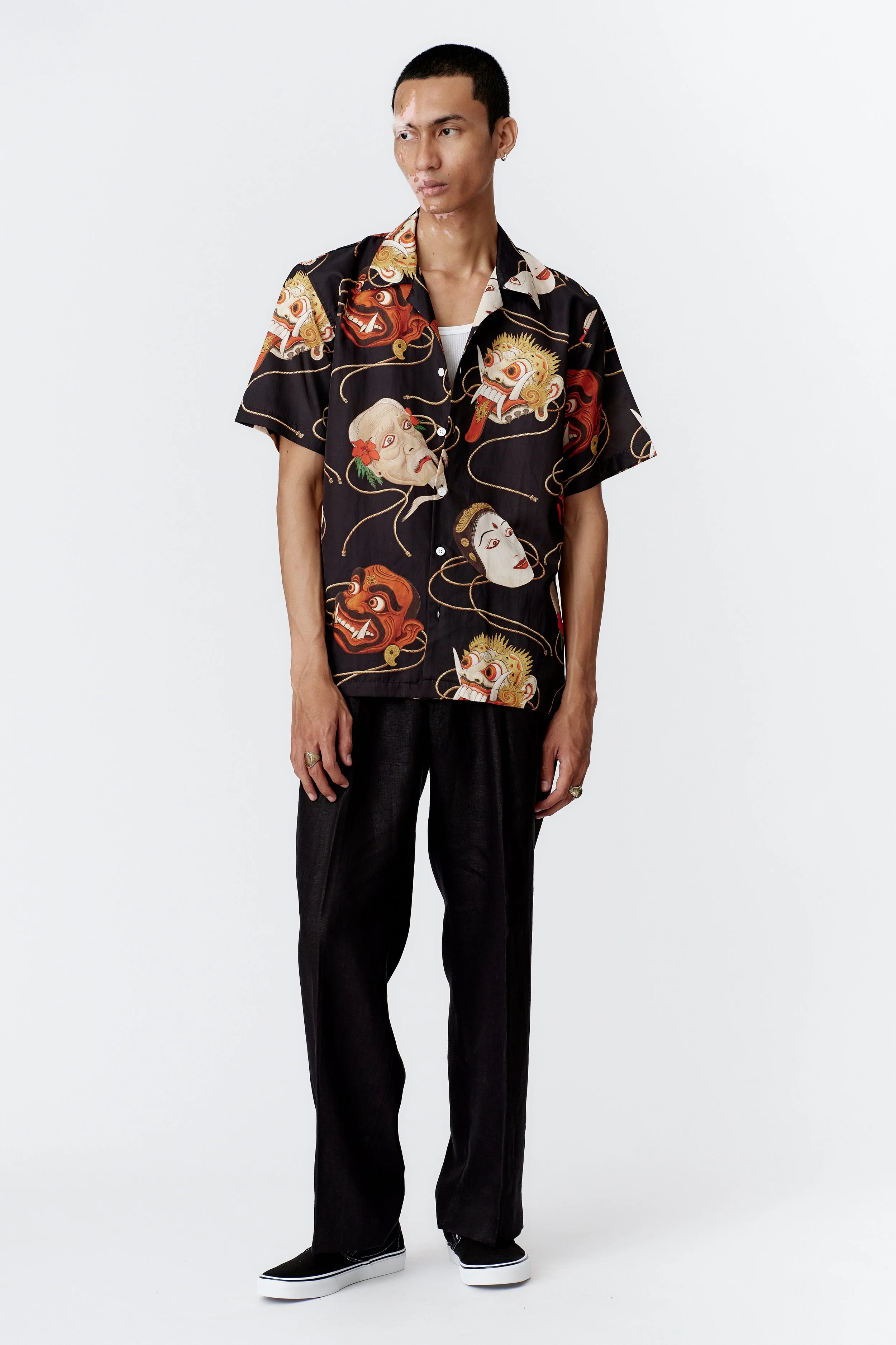 TOPENG BLACK SILK COTTON SHORT SLEEVE SHIRT