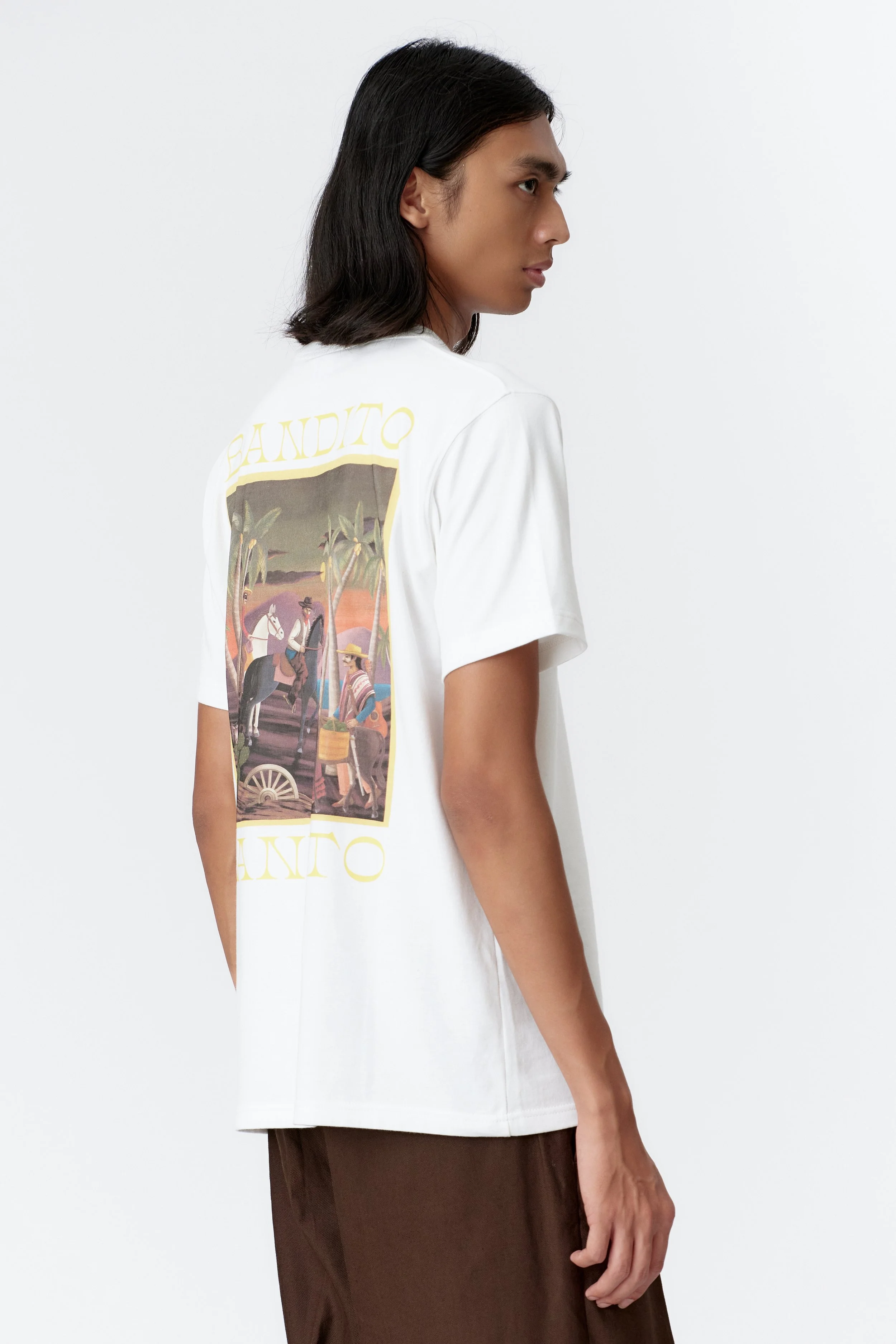 Back Side view of Bandito white T-shirt featuring large multi-colour surreal desert artwork print