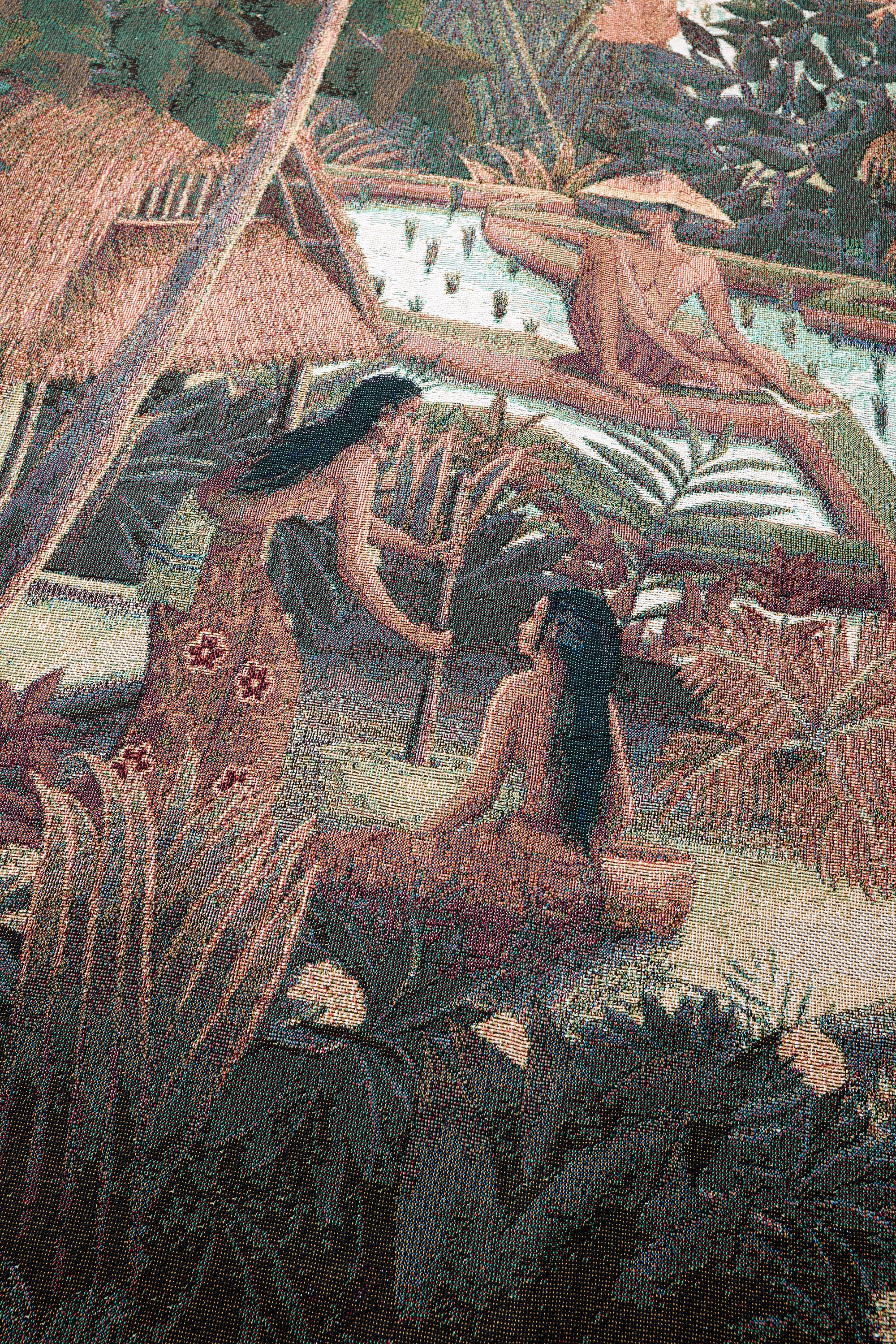 Bali rice terrace woven art blanket in 100% organic cotton close up detail of woman and man in rice field