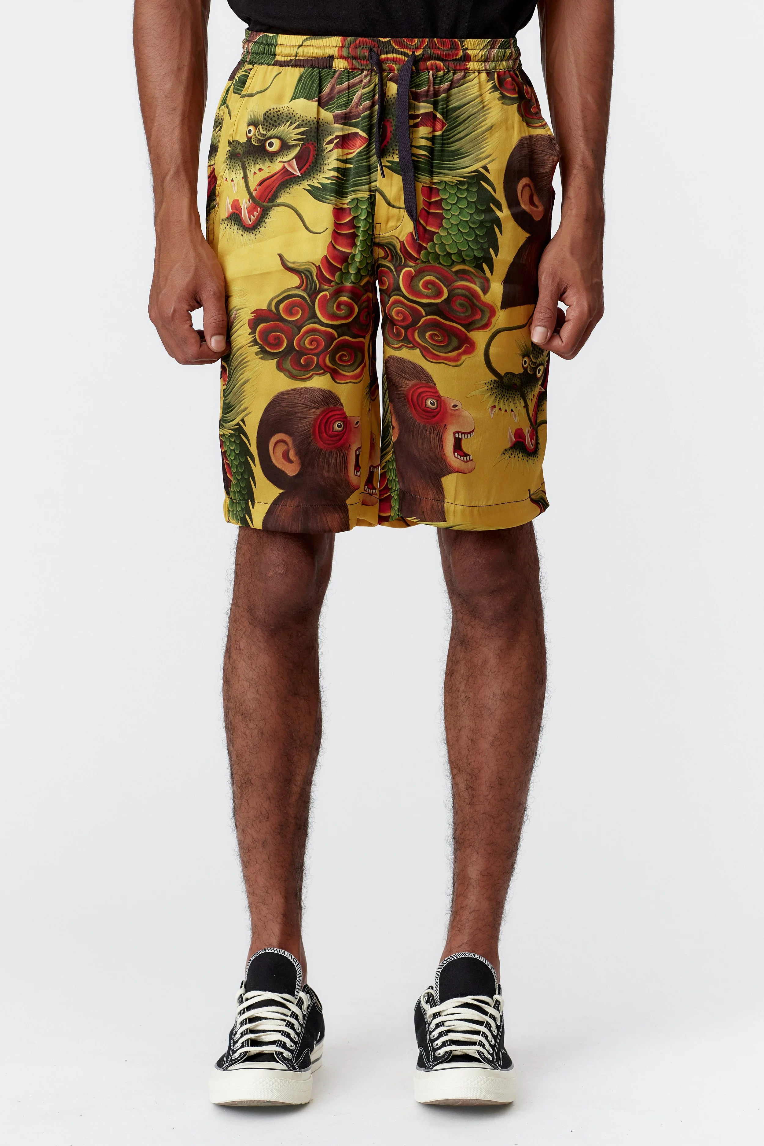 Monkey Dragon Yellow Silk Board Shorts Fabric Detail