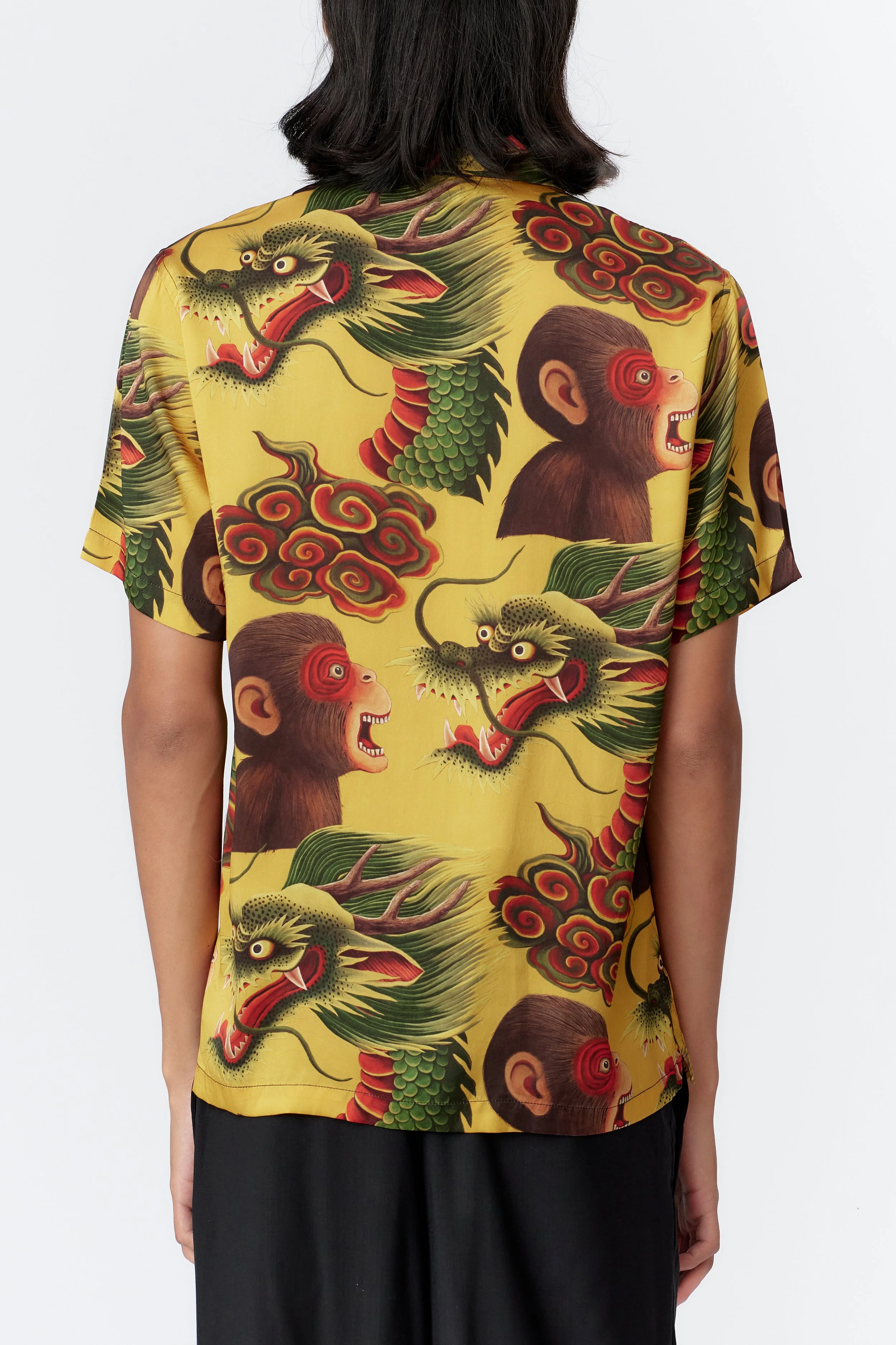 Monkey Dragon Yellow Silk Satin Shirt Back View