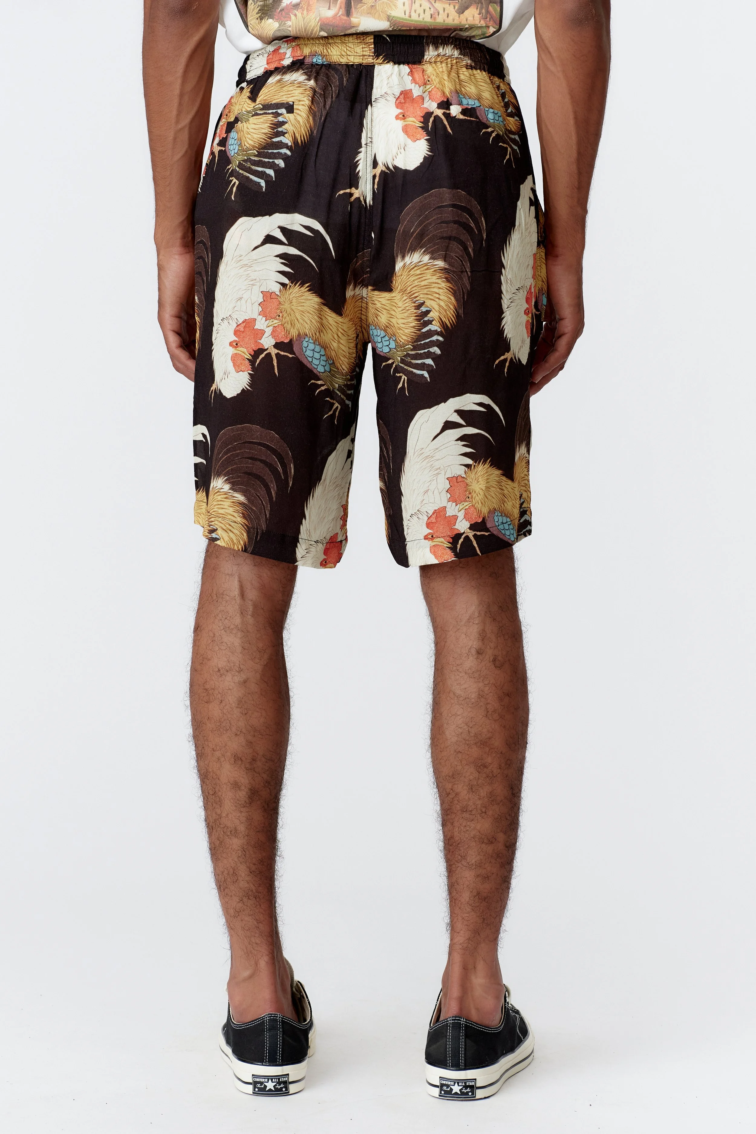 back view of rooster black crepe rayon board shorts limited edition of 100