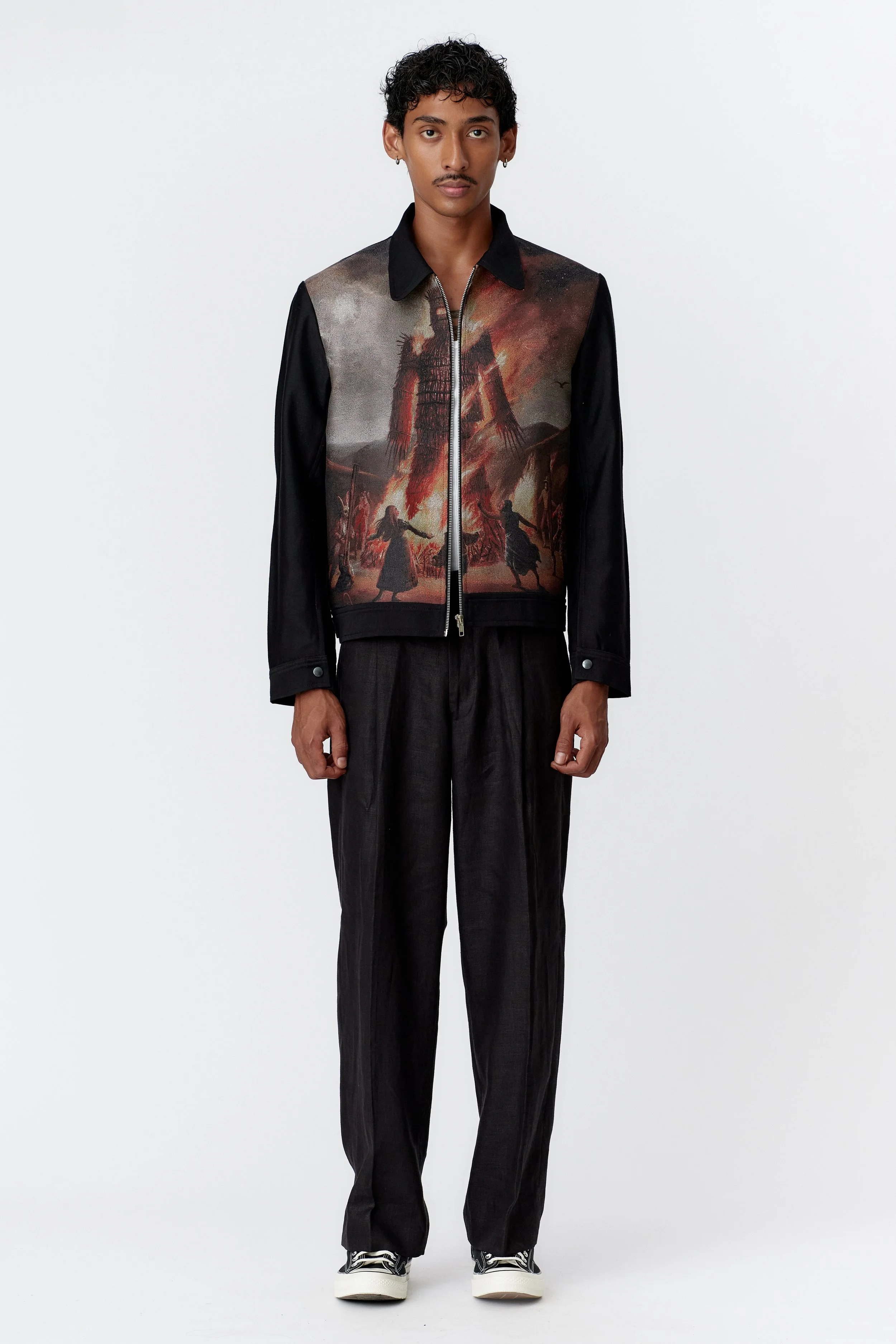 Model wearing Blouson Jacket with original Stevie Anderson front panel artwork and black back and sleeves