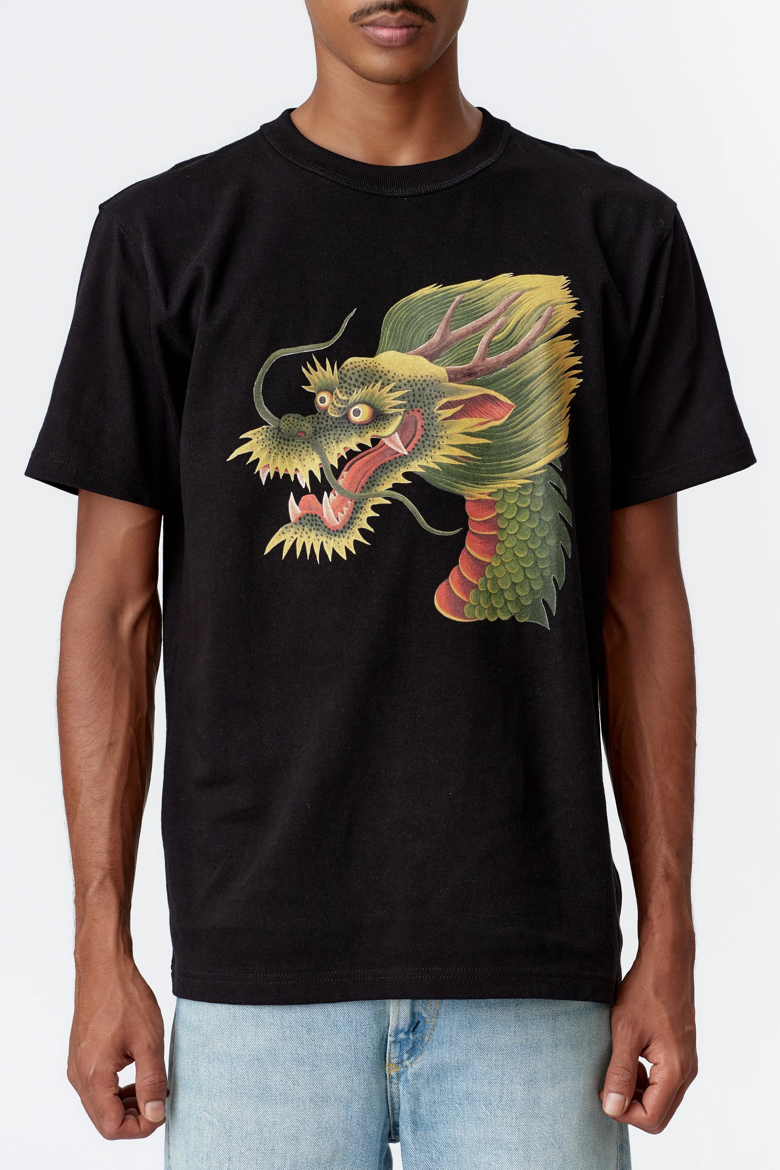 Close-up of Dragon on the front of organic cotton t-shirt Monkey Dragon Artwork