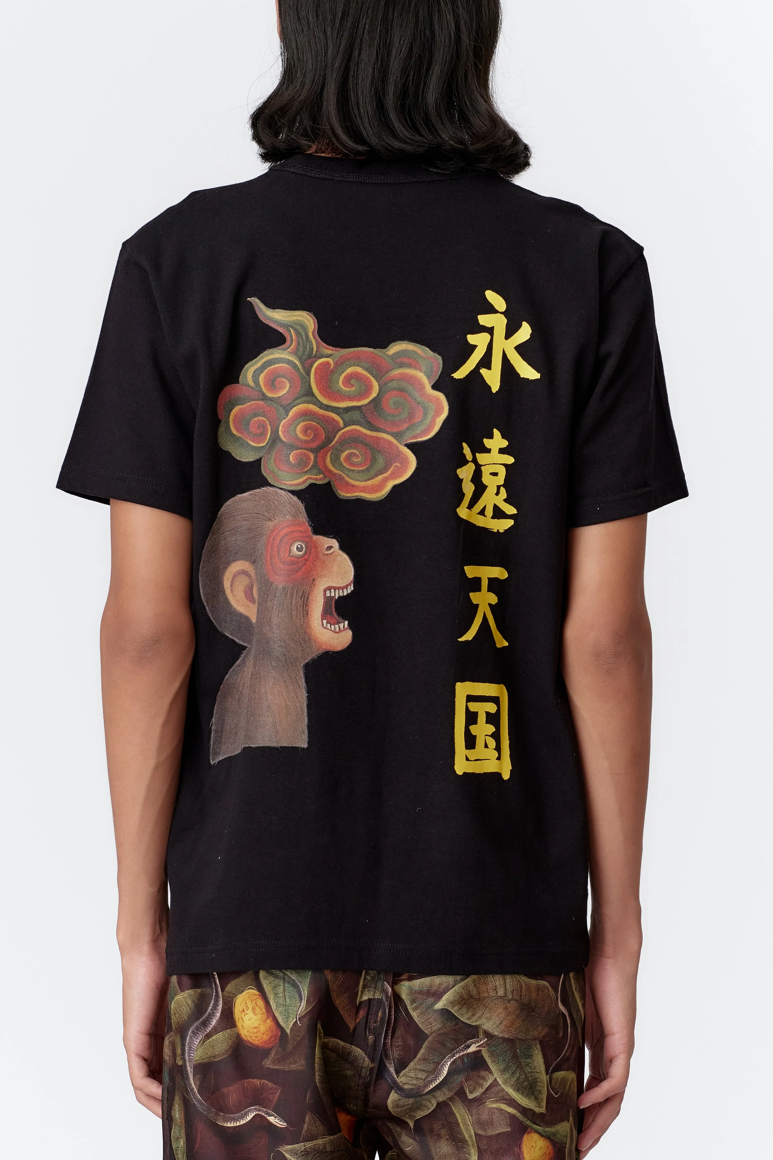 Close-up view of Monkey Dragon Black Front and Back print t-shirt with Japanese Kanji