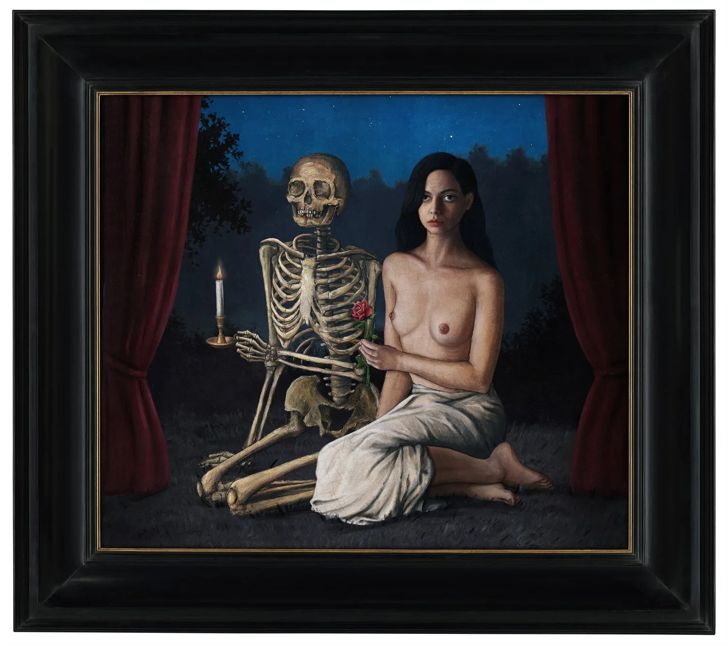 A painting depicting a woman with black hair and fair skin, sitting on the ground with a white cloth draped around her waist, holding a pink rose. Next to her is a skeleton holding a candle and a pink rose, set outdoors at night with dark trees and a