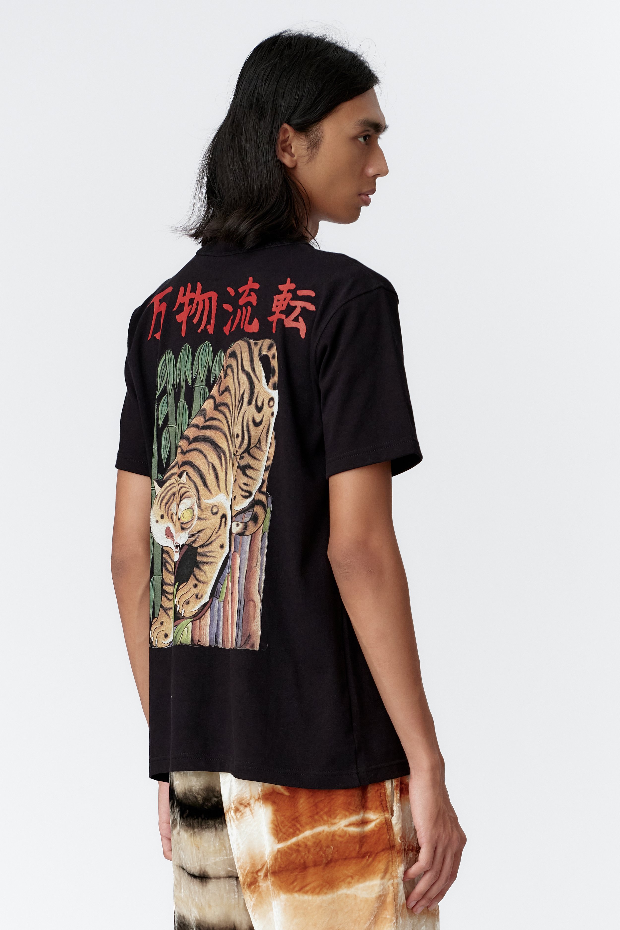 Back view of Tiger black T-shirt featuring Japanese Kanji in red heavy weight organic cotton art back print t-shirt
