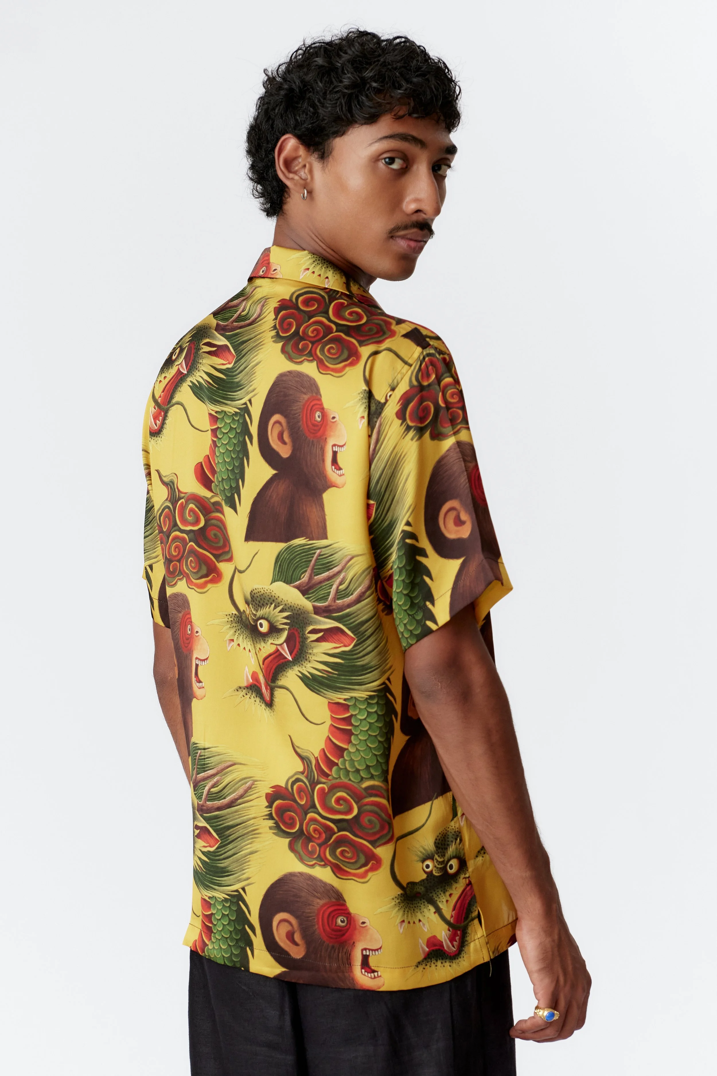 Monkey Dragon Yellow Silk Shirt Side View
