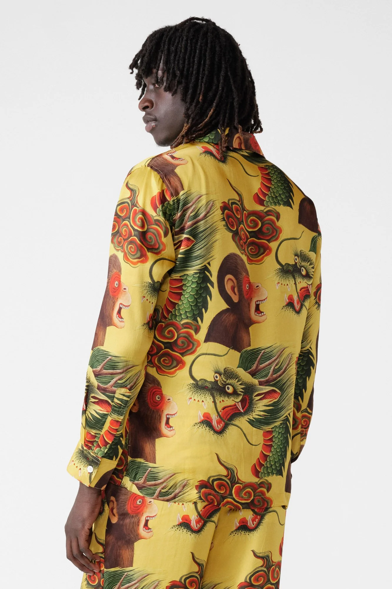 endless-joy-printed-monkey-dragon-yellow-silk-satin-pyjama-set-model-back