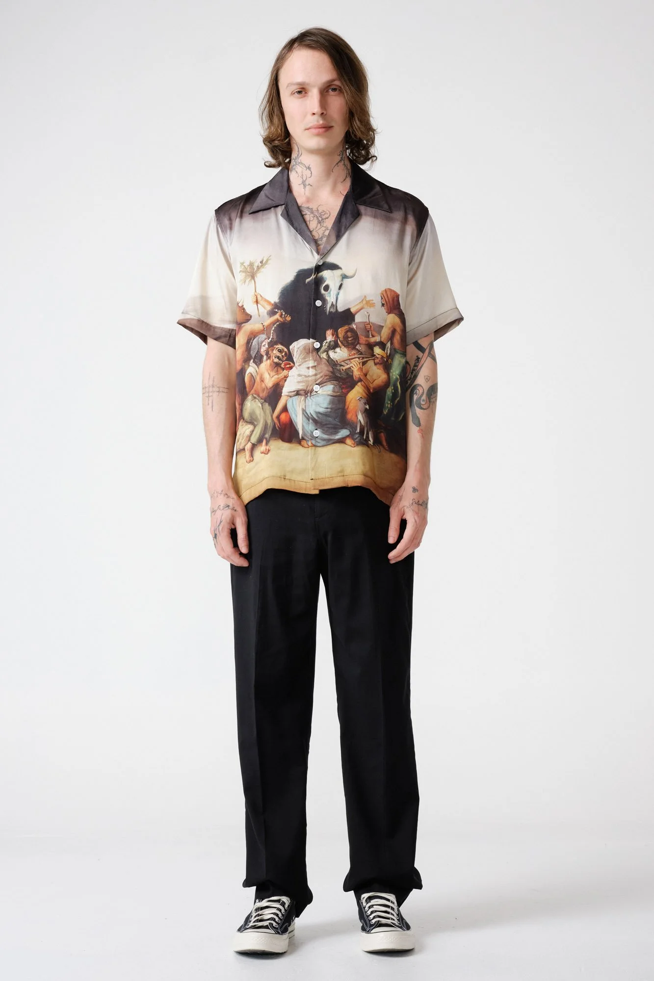 endless-joy-samhain-printed-satin-silk-shirt-model-front-view