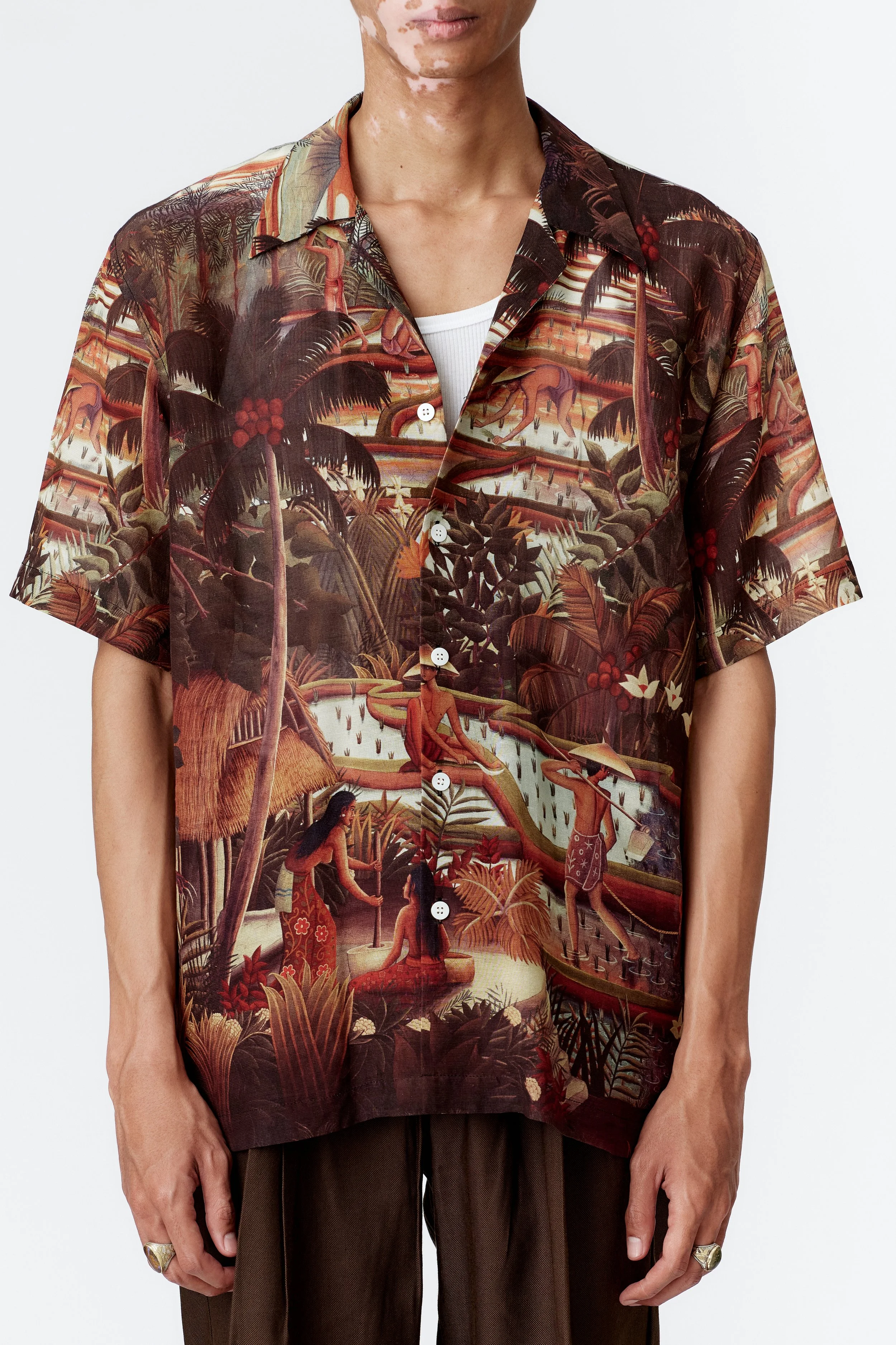Close-up detail of terraced paddies and sunset sky illustration on brown silk rayon fabric