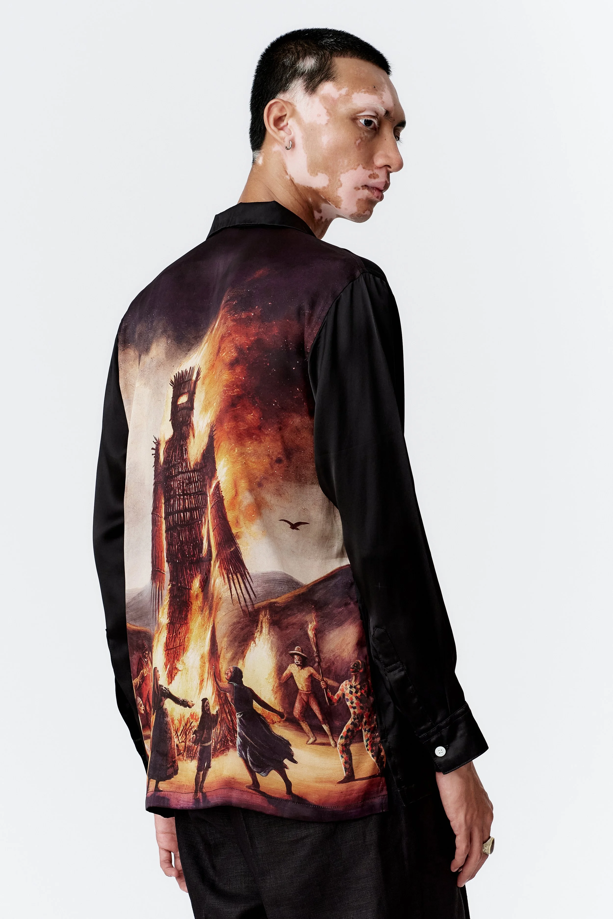 Back view of Wickerman silk satin short showcasing the full masterpiece painting