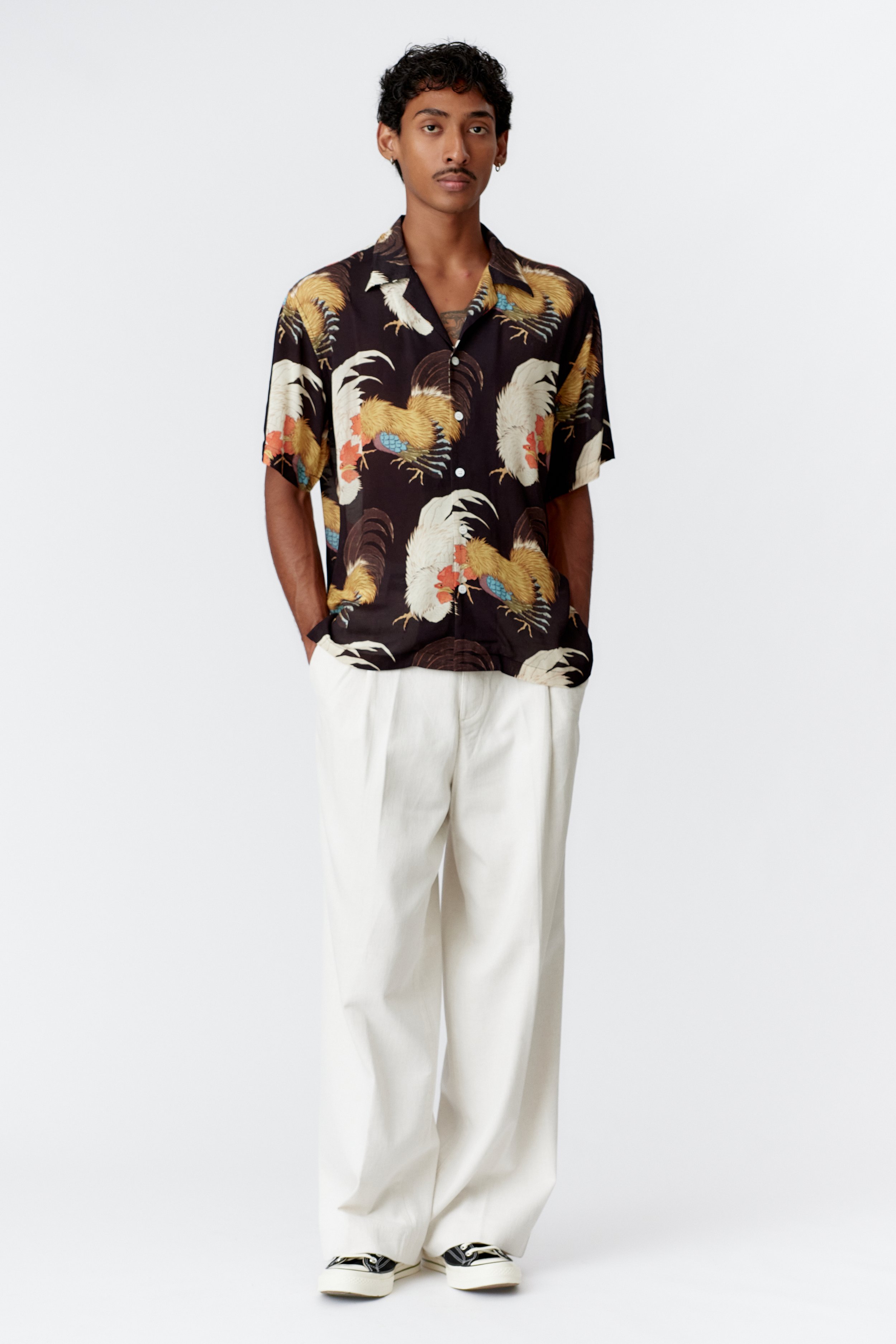 ROOSTER BLACK CREPE RAYON SHORT SLEEVE SHIRT
