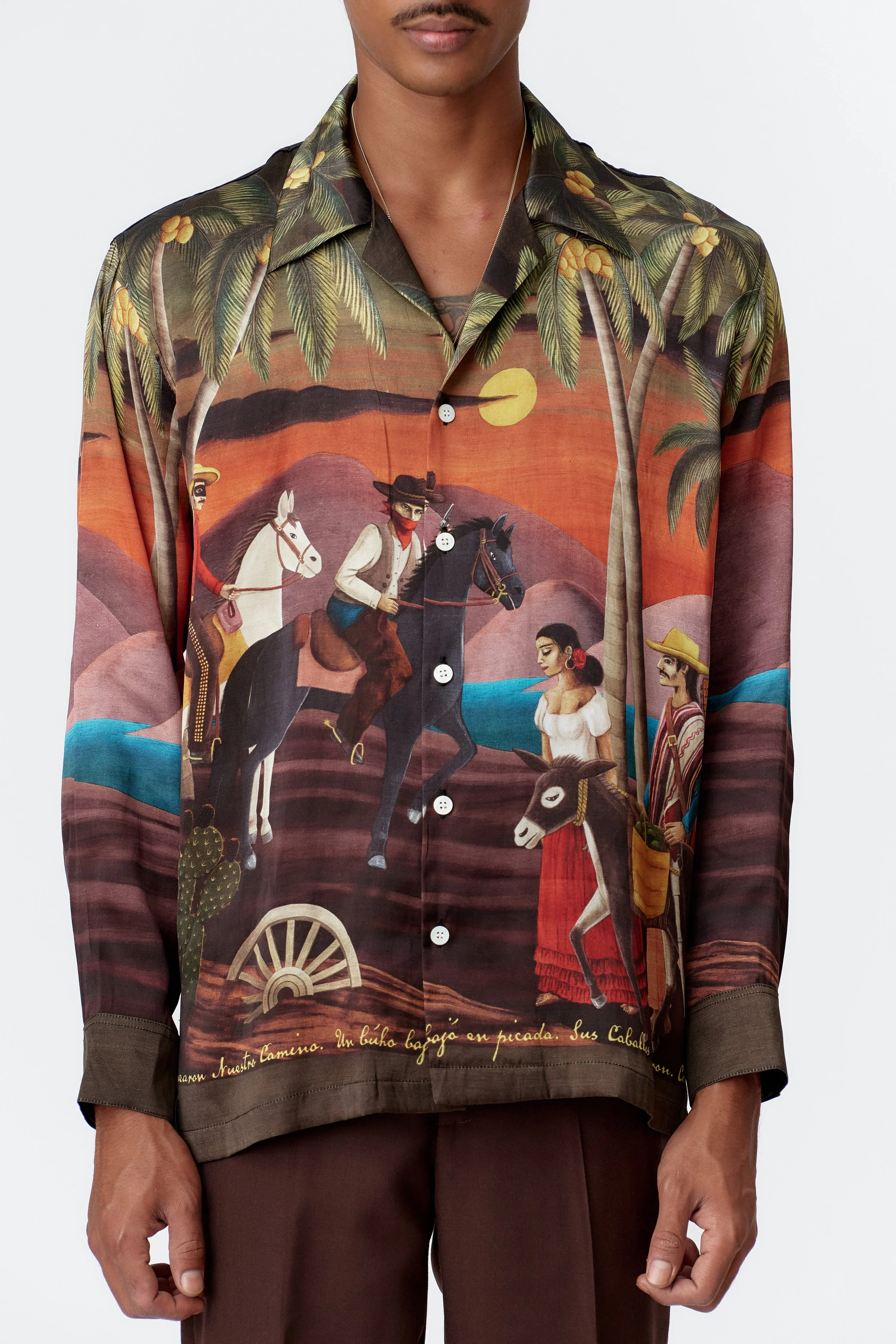 Close-up of desert confrontation scene featuring cowboys, farmer, donkey, and owl illustrated on silk satin fabric.