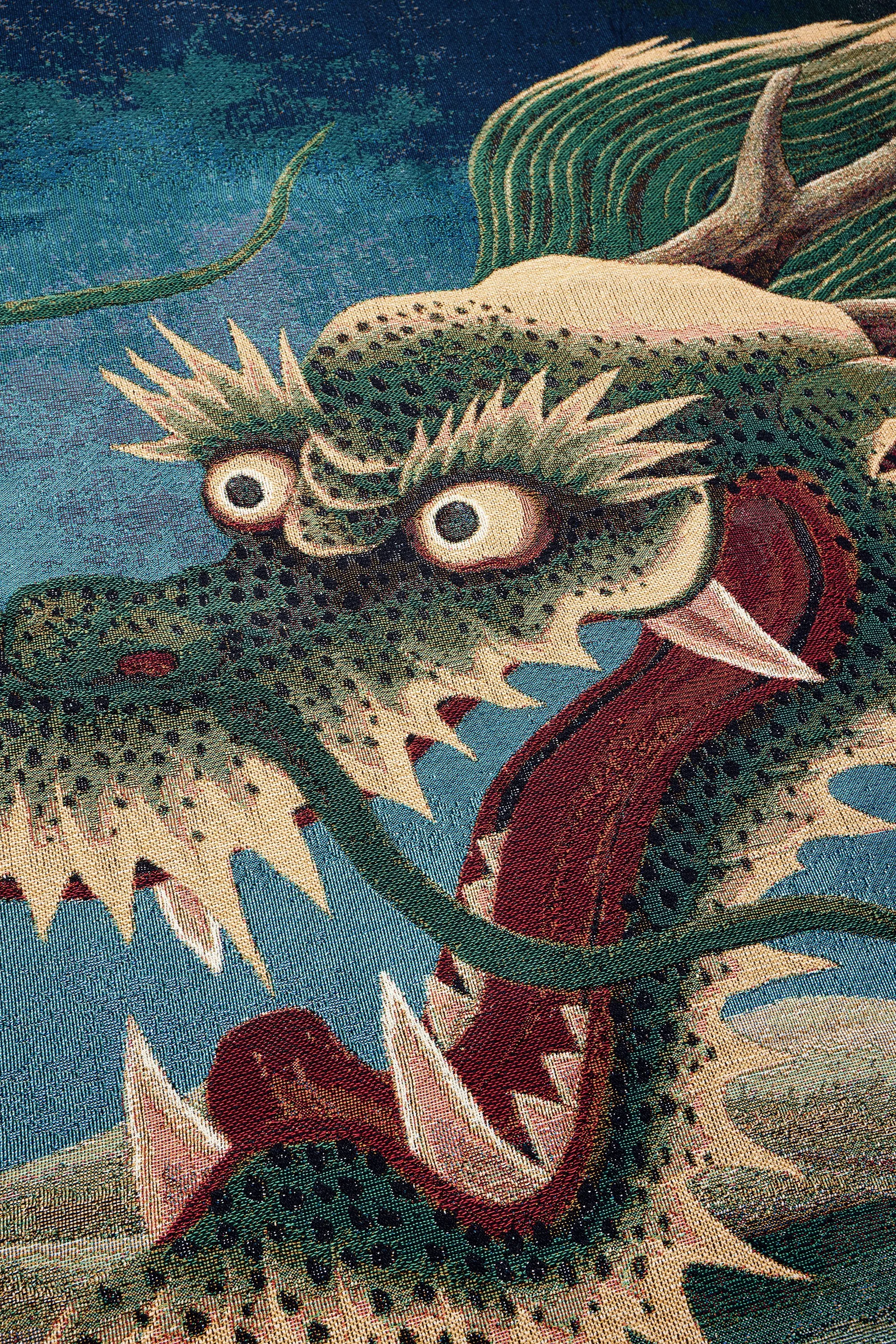 Close-up detail of Dragon woven artwork in organic cotton