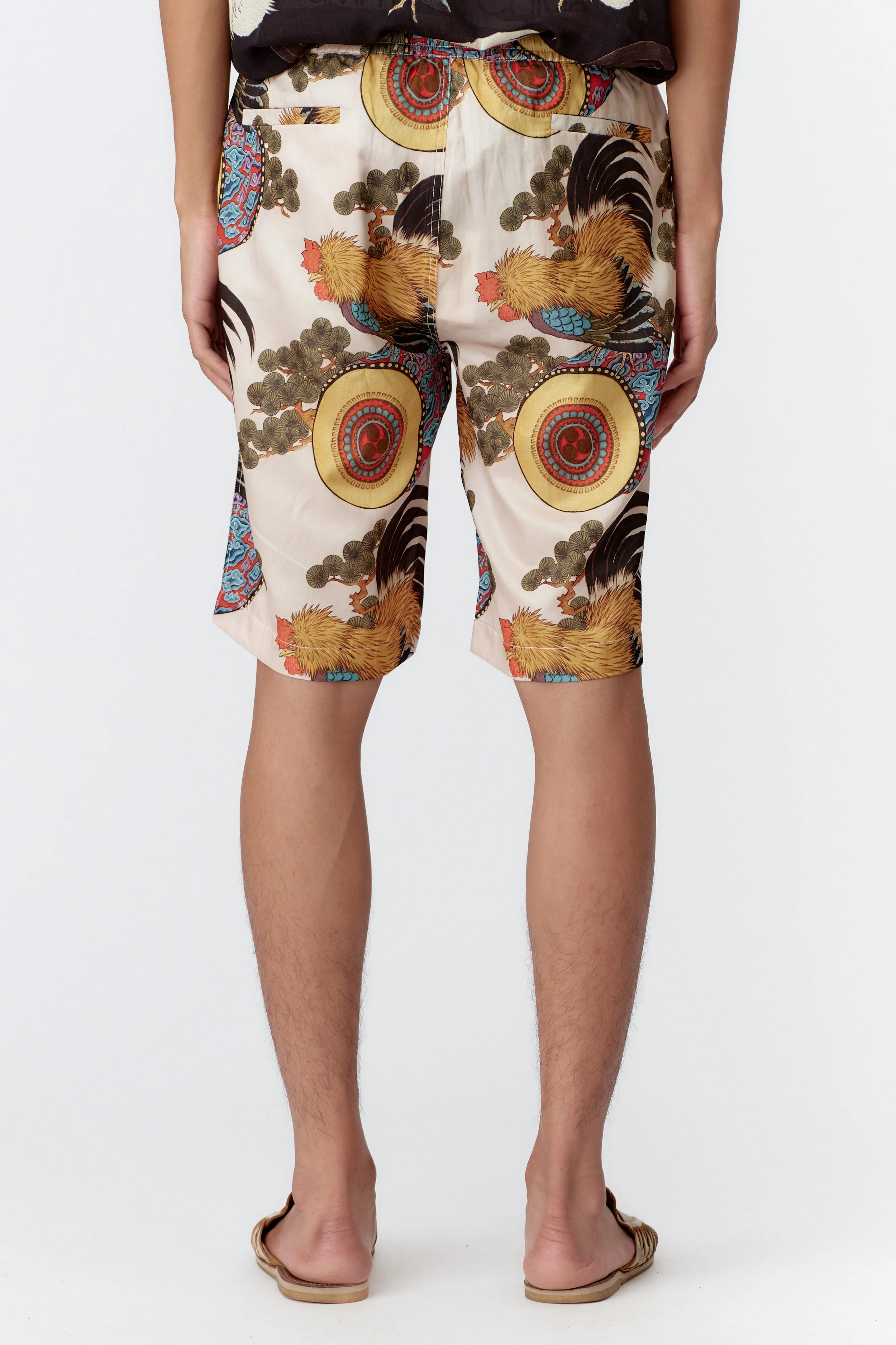 Back view of Rooster Drum Cream Silk Cotton Board Shorts