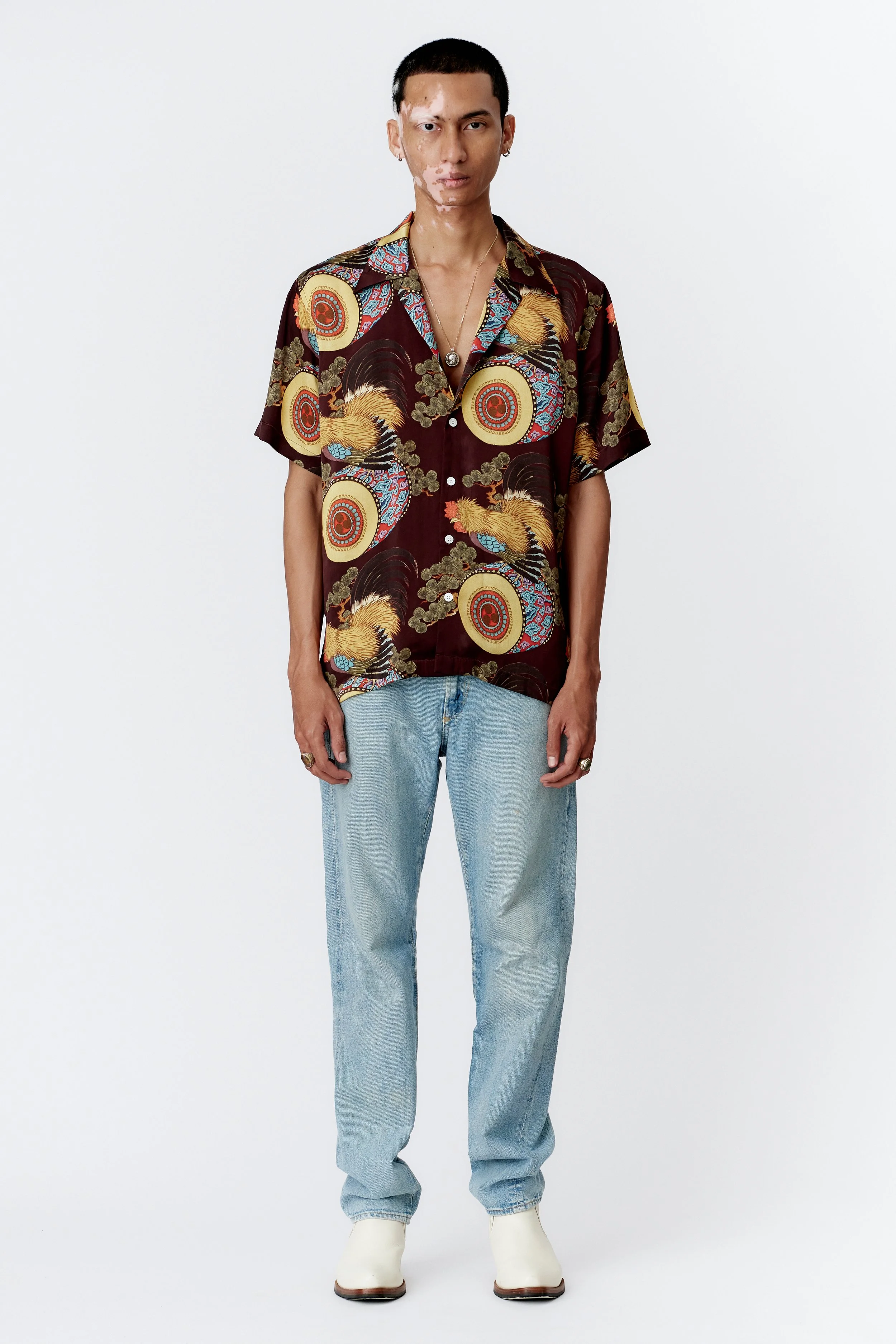 ROOSTER DRUM WINE SILK SATIN SHORT SLEEVE SHIRT