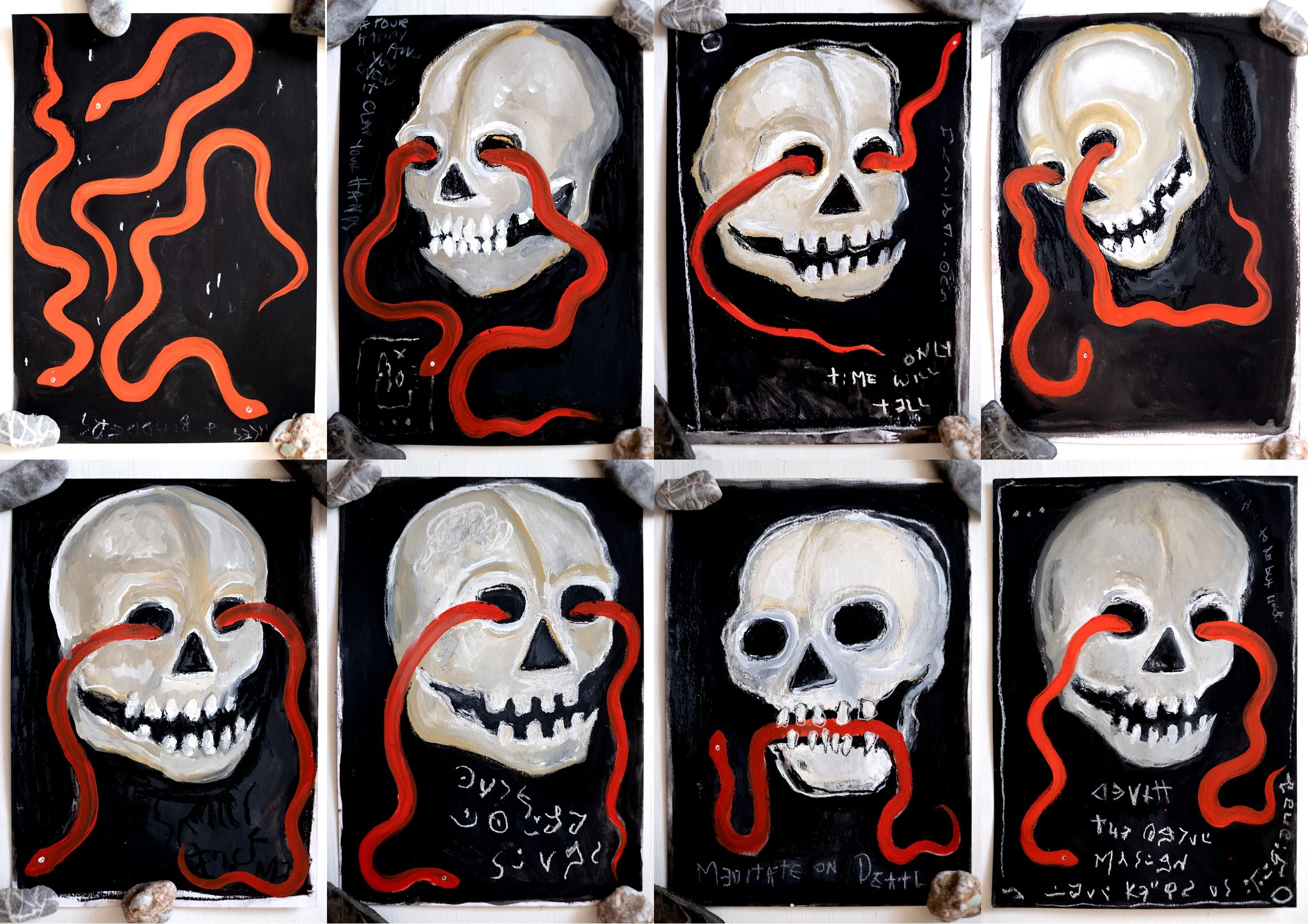 A series of paintings featuring human skulls with red worms crawling through eye sockets and mouths, set against black backgrounds with handwritten text.