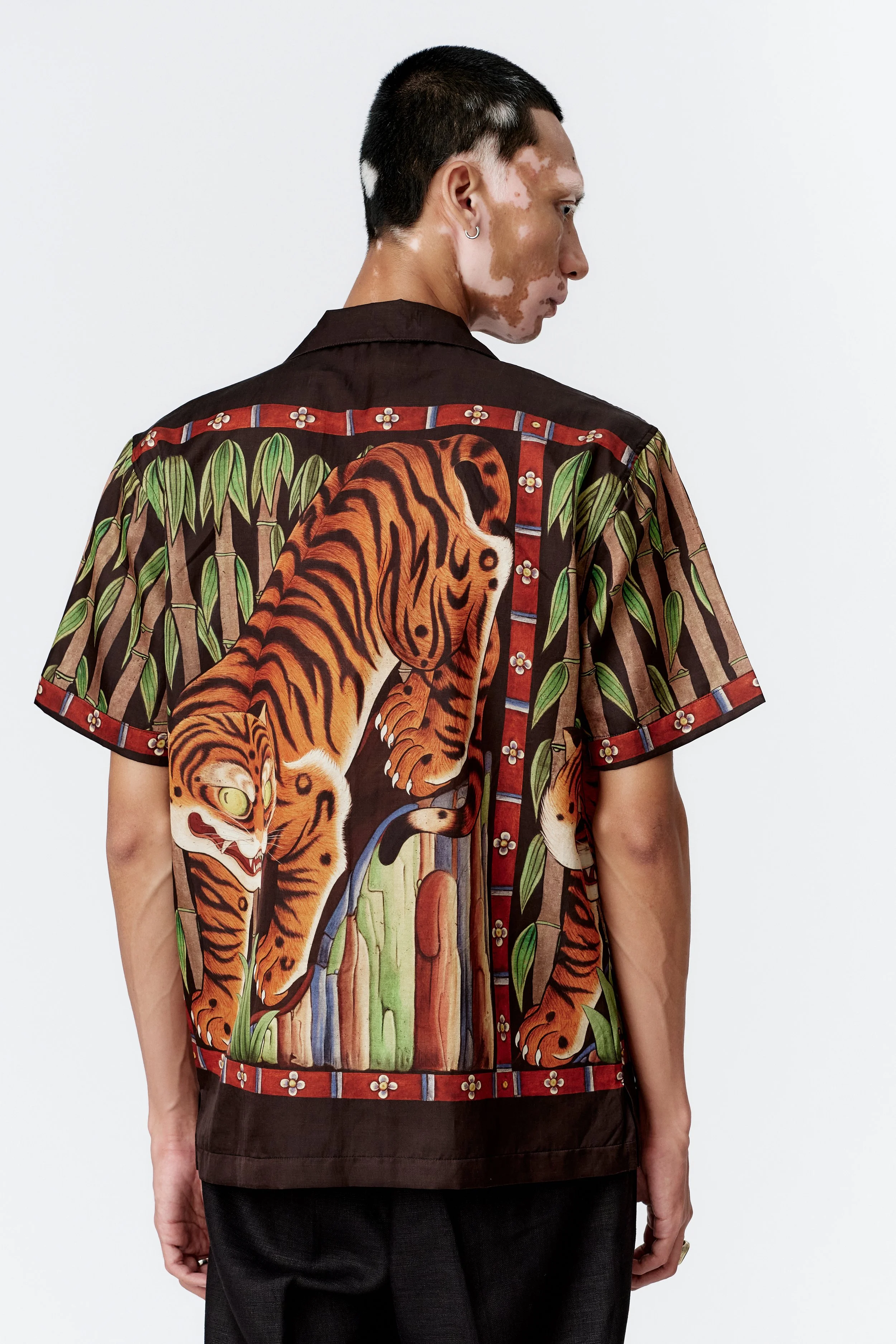 Back view highlighting tiger art and border made in Bali silk cotton blend limited edition tiger shirt