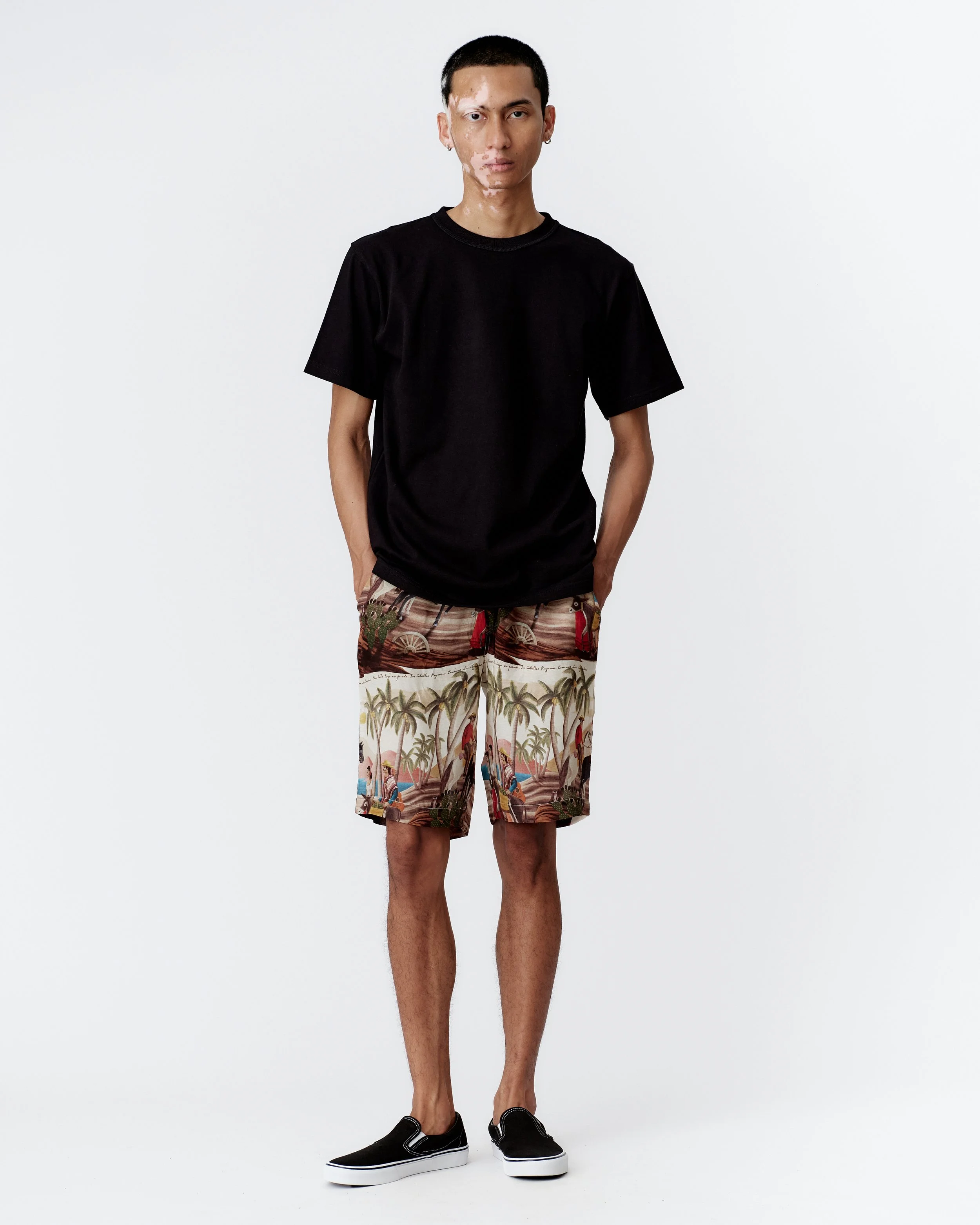 Full view of Bandito Repeat Off White board shorts in smooth silk rayon blend with off white base and multi-colour desert western print