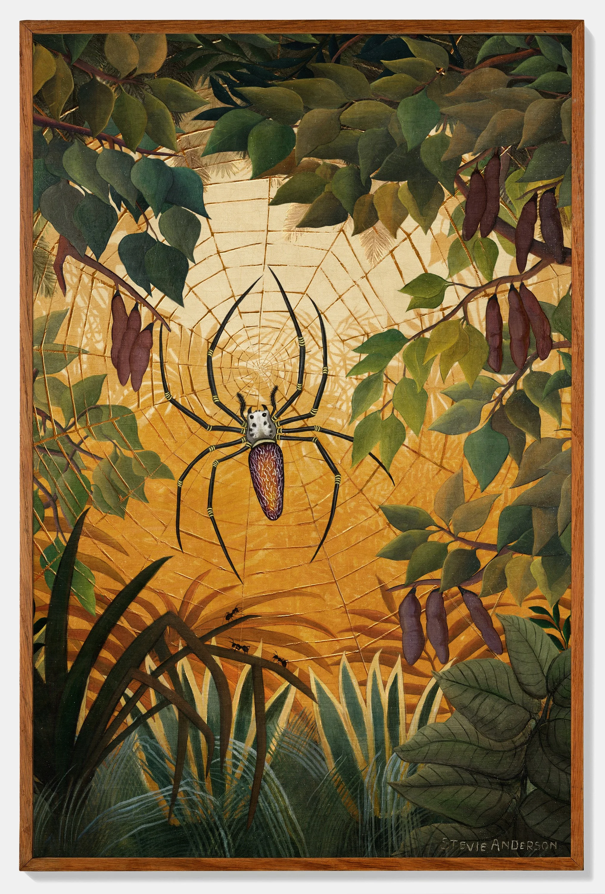 Painting of a spider in a web surrounded by dense jungle foliage with green leaves and purple seed pods, under a warm orange background.