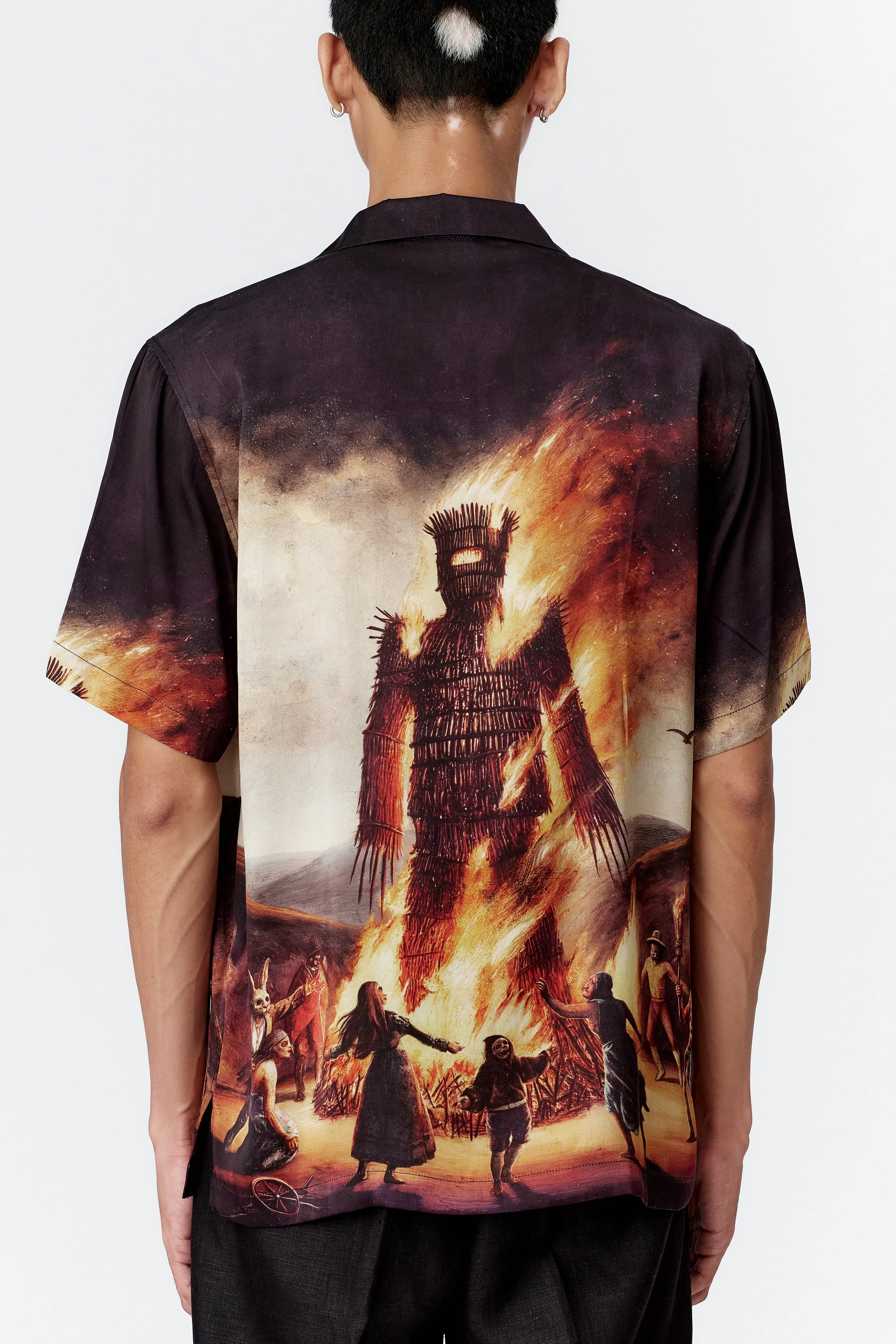 Rear close-up of Wickerman all-over masterpiece the wickerman alite printed on silk satin