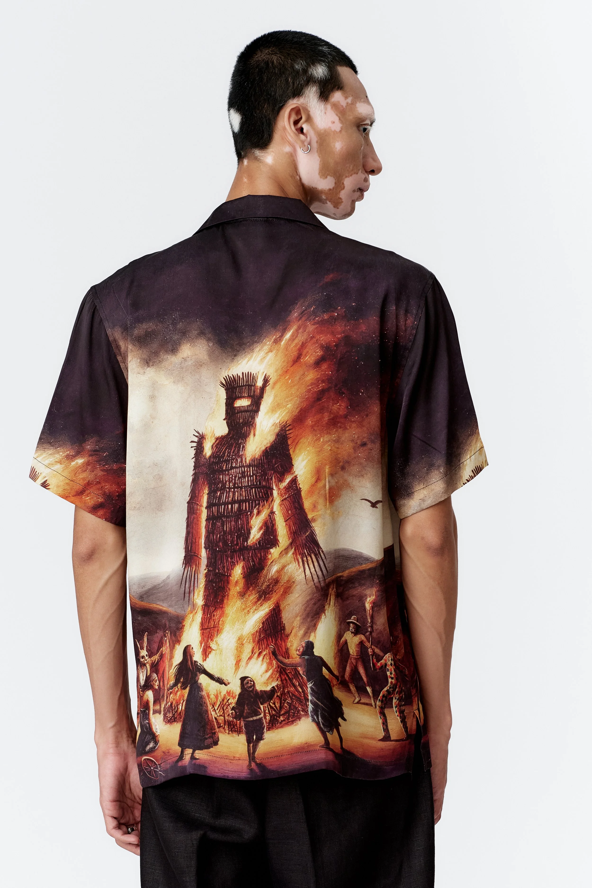 Back view of Wickerman all-over art short sleeve silk shirt