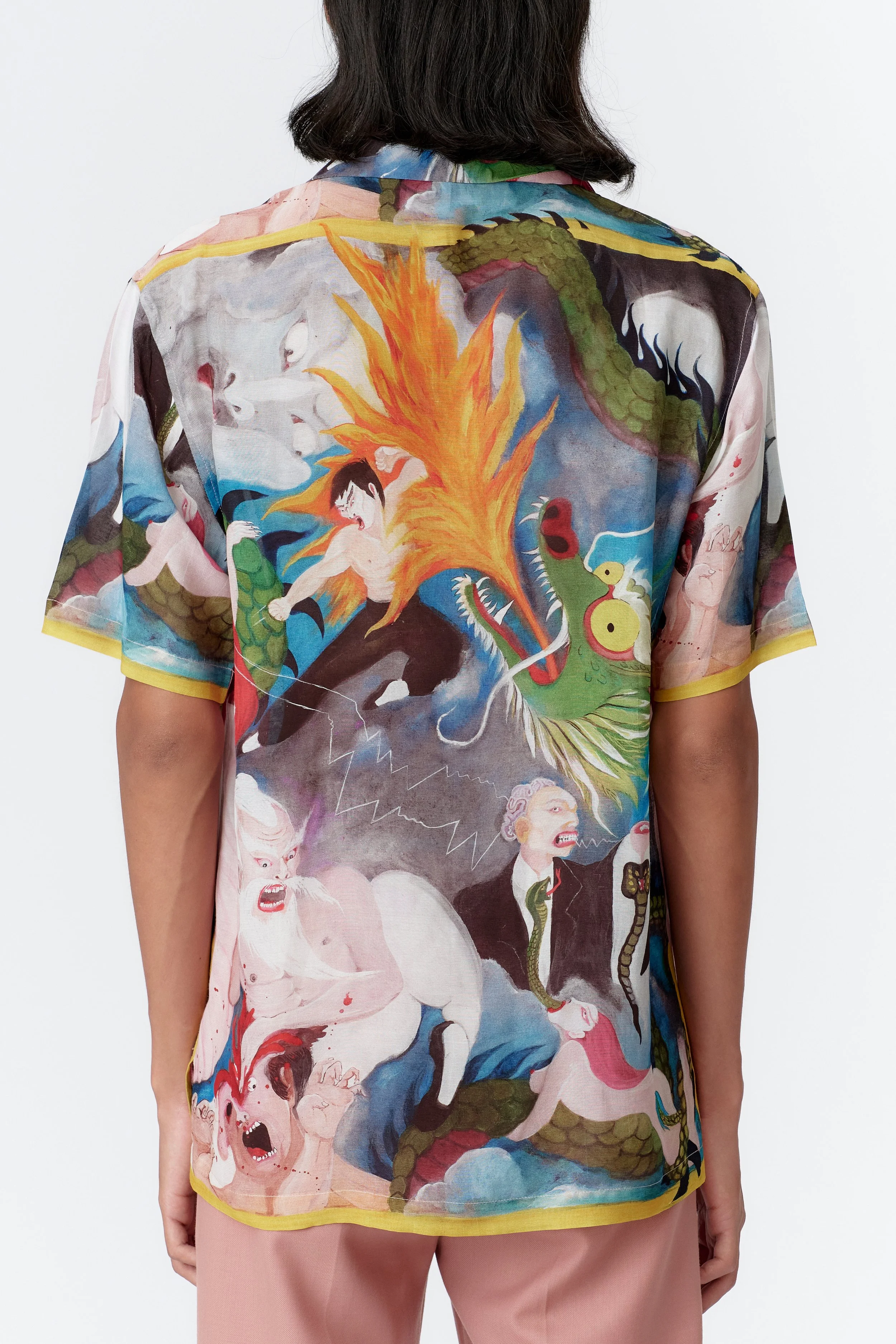 Rear close-up of vibrant crepe rayon artwork on KUNG FU CANNIBAL shirt, emphasizing bold colors and hand-painted detail