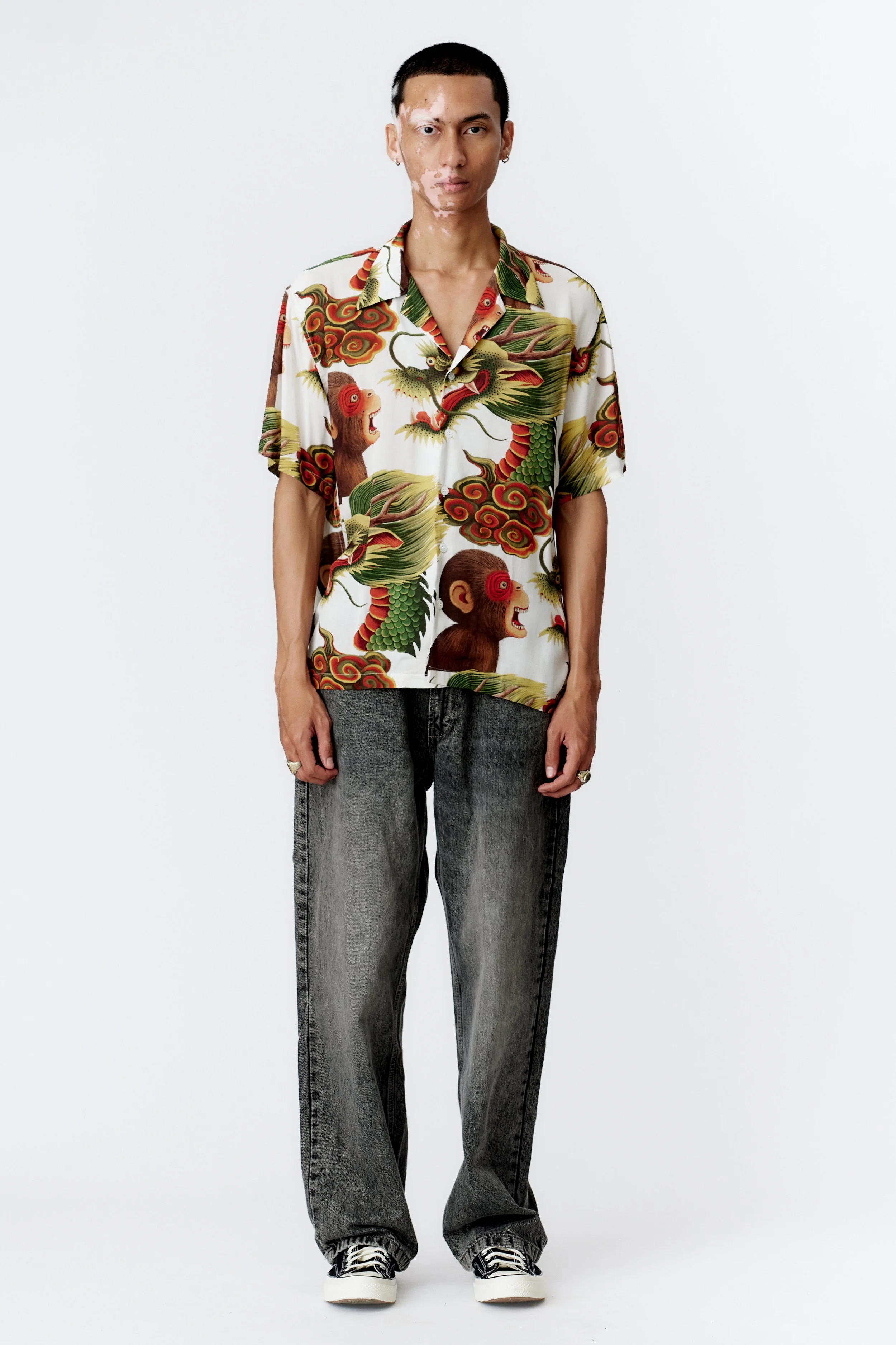 MONKEY DRAGON WHITE CREPE RAYON SHORT SLEEVE SHIRT