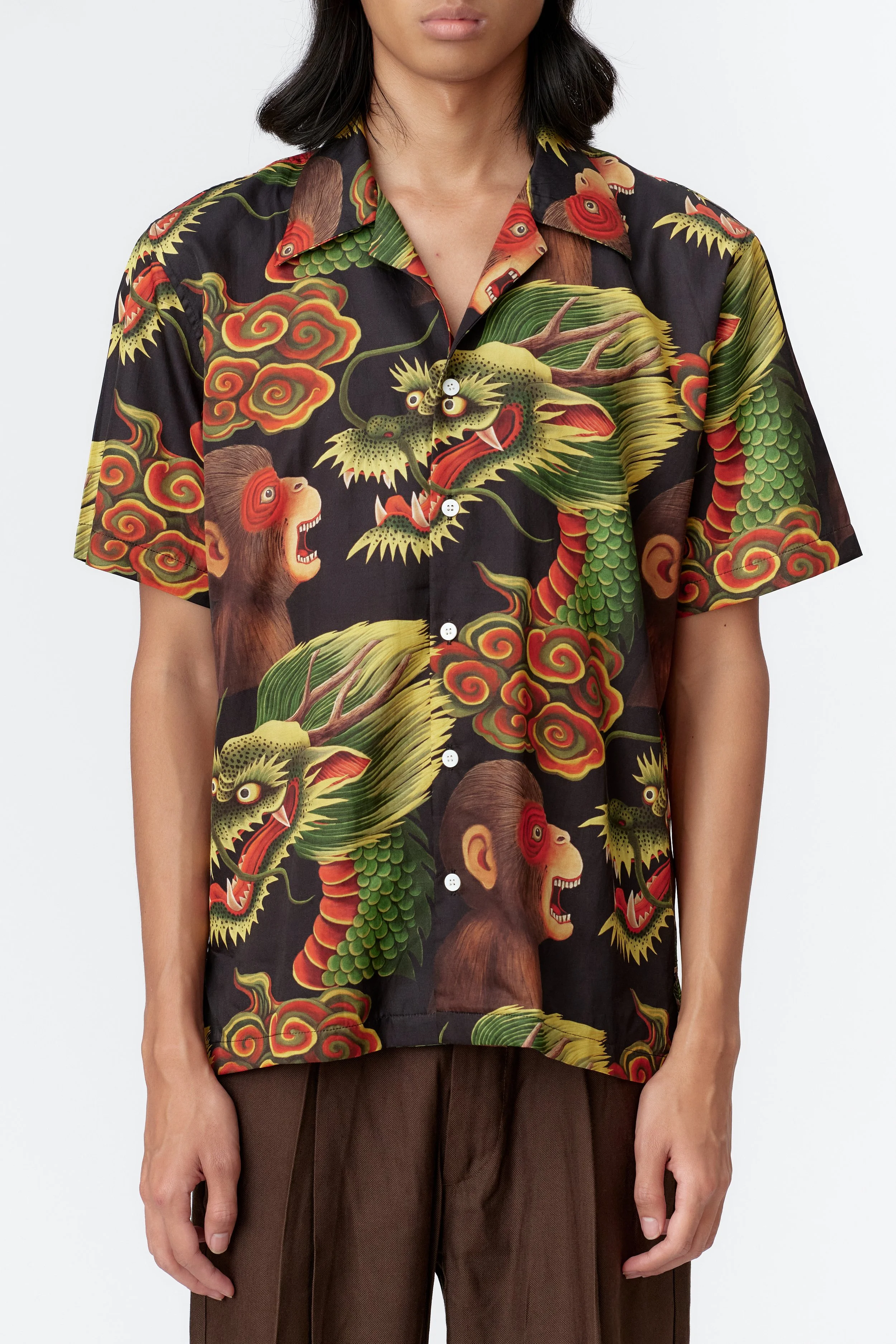 Model wearing Monkey Dragon Black Silk Cotton Limited Edition Shirt