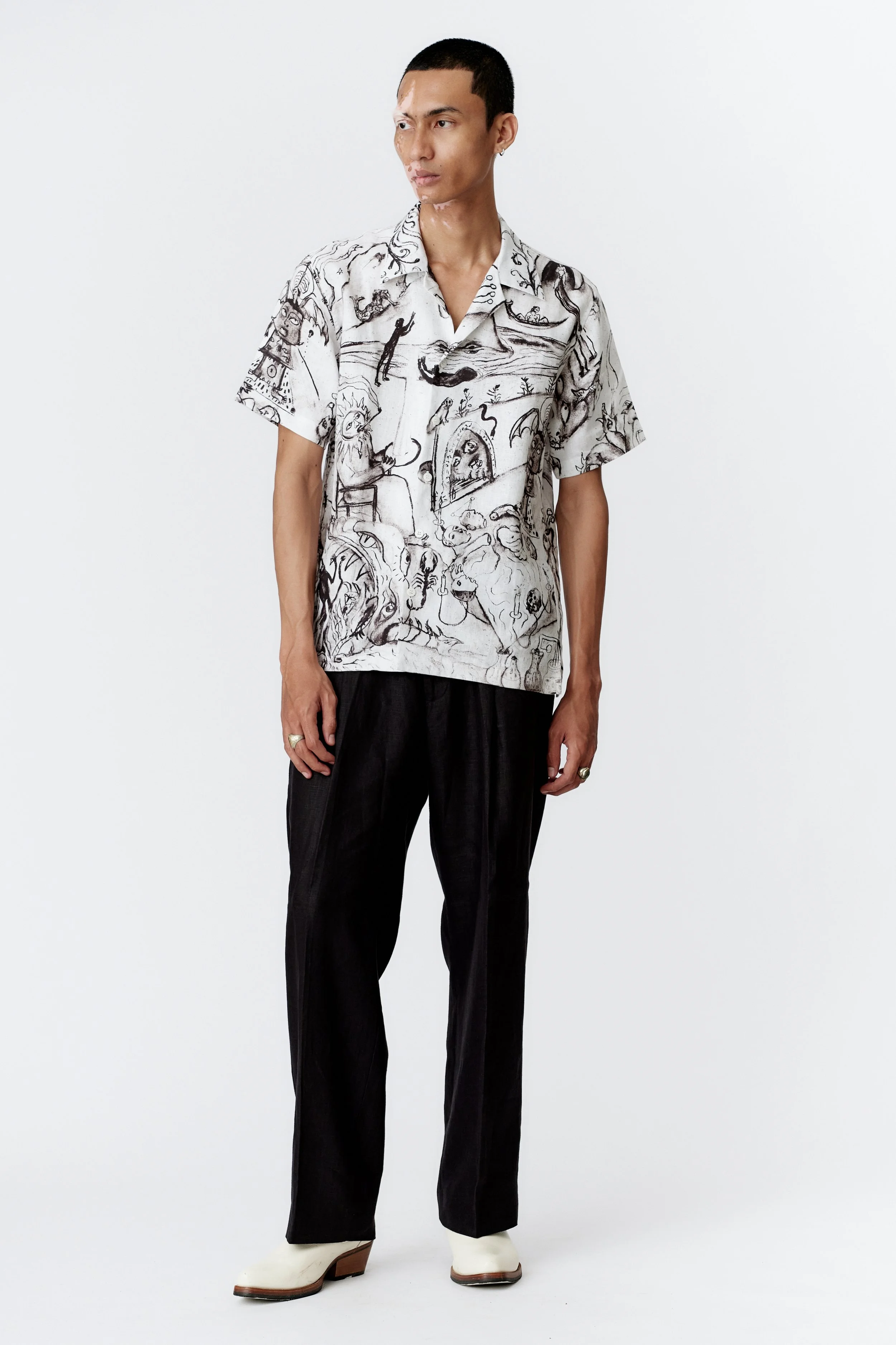 Full view of ALCHEMY limited edition linen shirt showcasing divine hermaphrodite and symbolic imagery