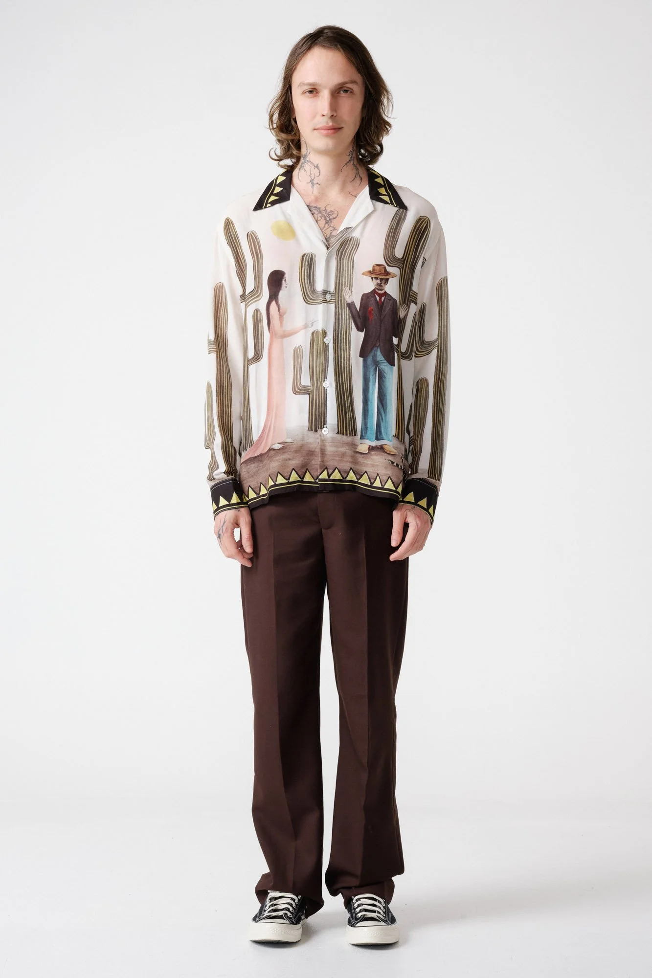 endless-joy-bang-bang-off-white-silk-rayon-long-sleeve-shirt-model-front-on