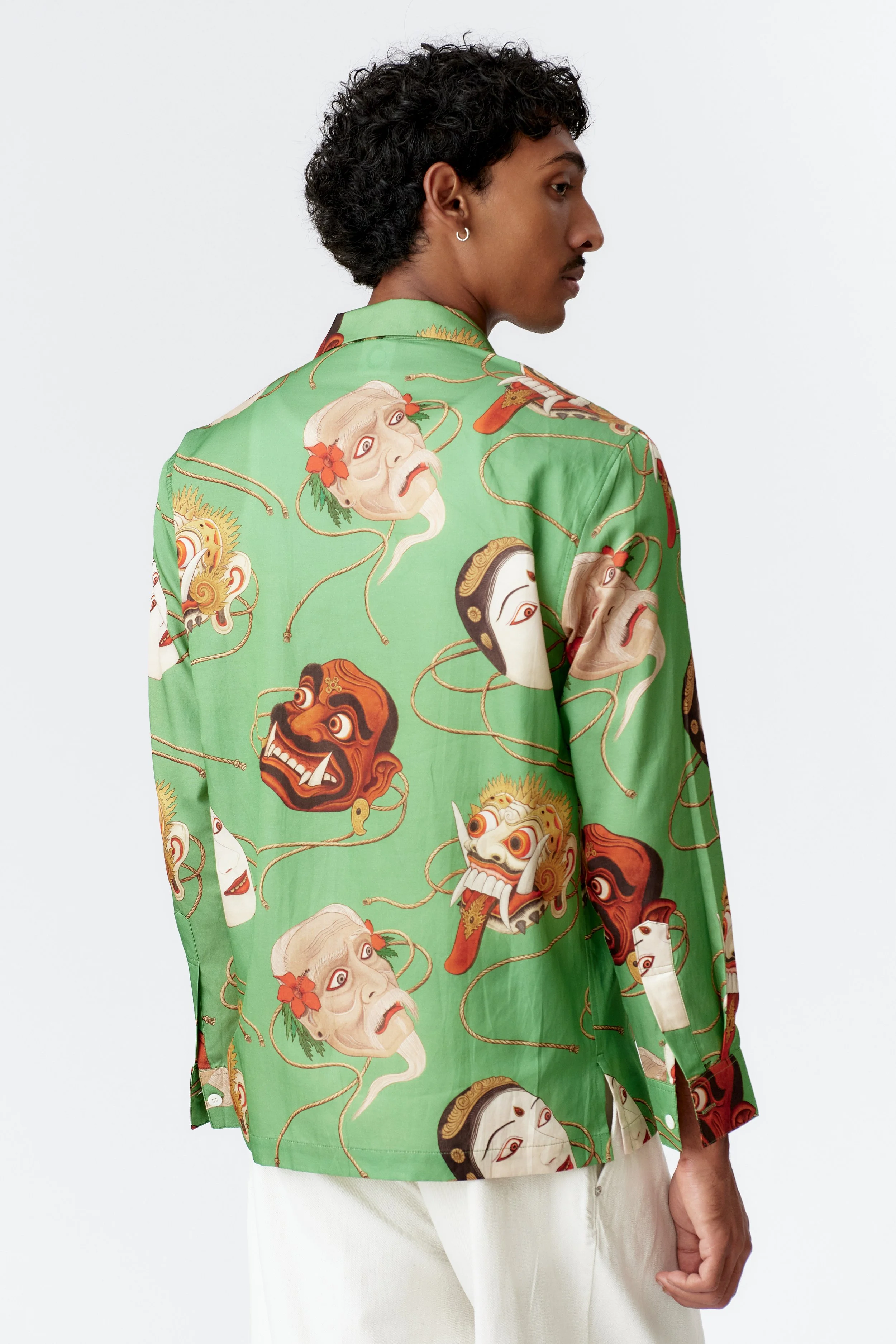Rear detail of Topeng Jade limited edition silk cotton shirt