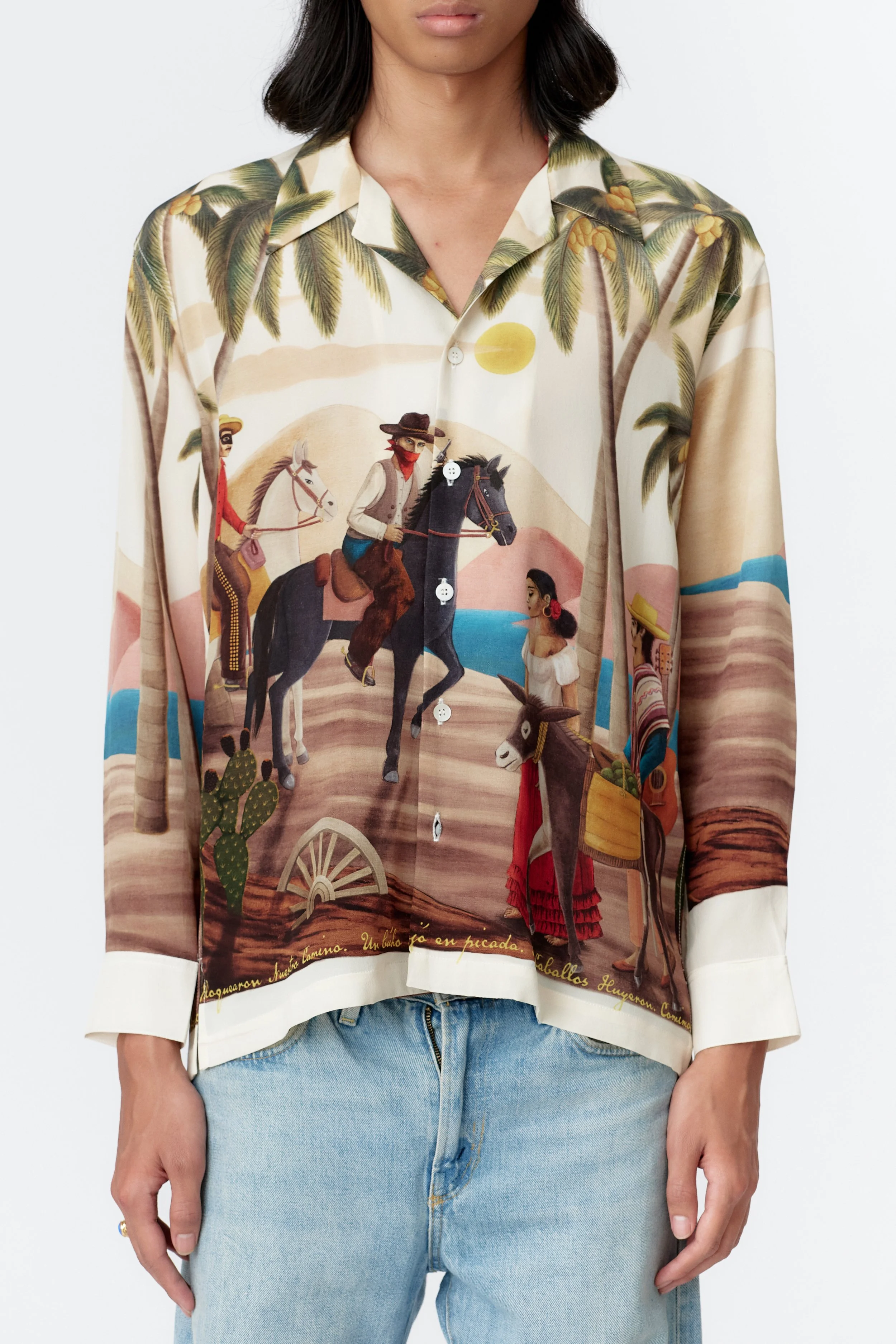 Close-up of desert confrontation scene featuring cowboys, farmer, donkey, and cactus owl printed on off white silk crepe fabric.